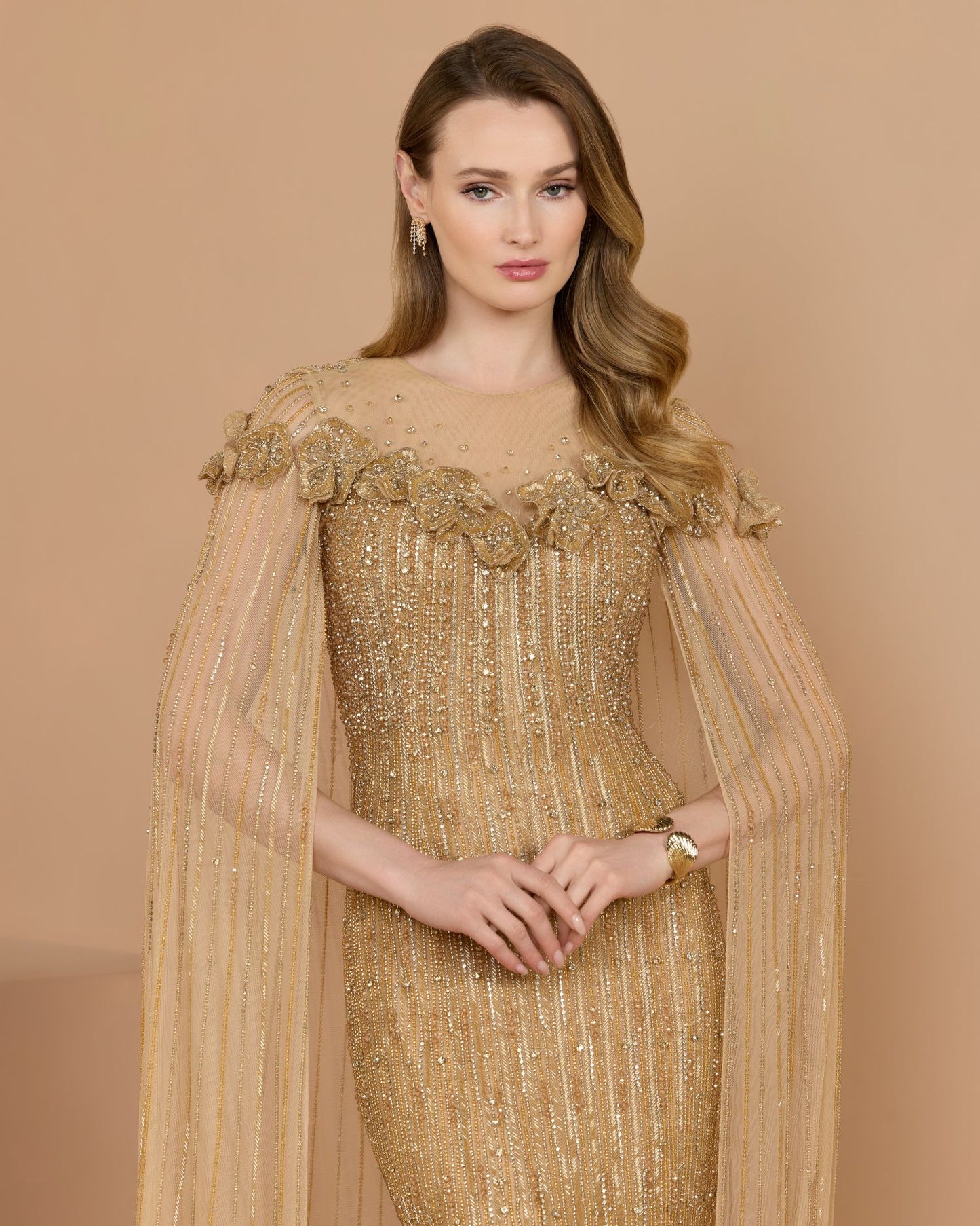 Gold Hand Beaded Floral Gown With Cape - Mac Duggal