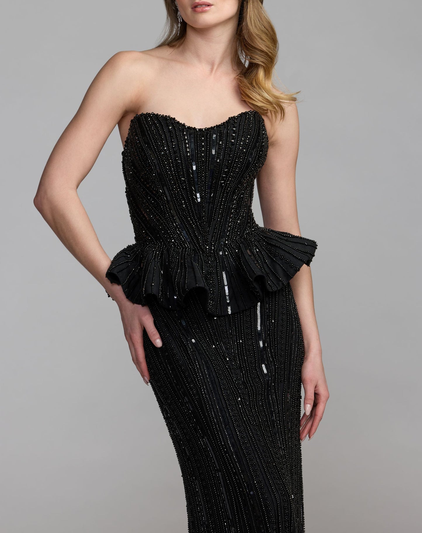Black Strapless Embellished Peplum Gown - Mac Duggal