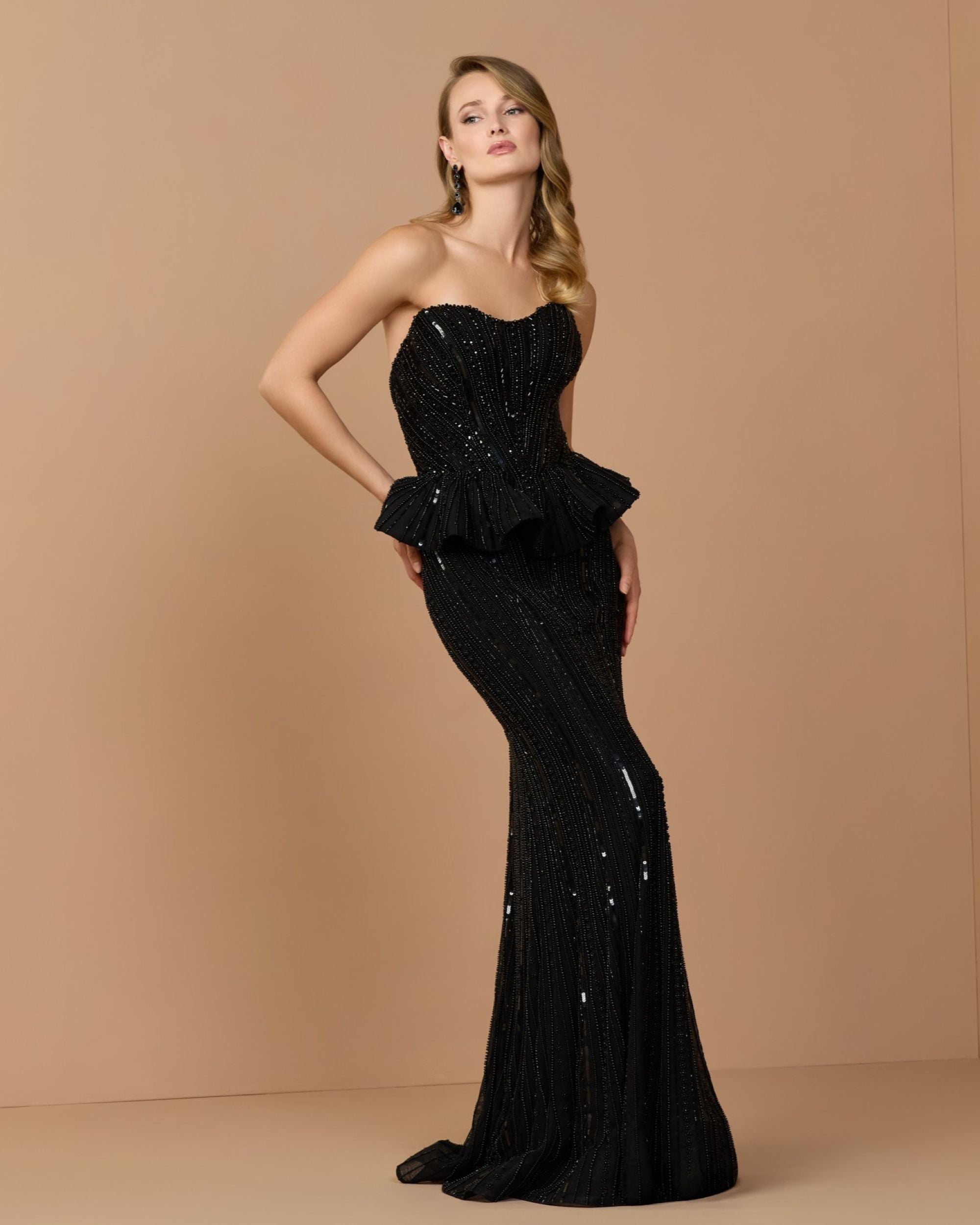 Black Strapless Embellished Peplum Gown - Mac Duggal