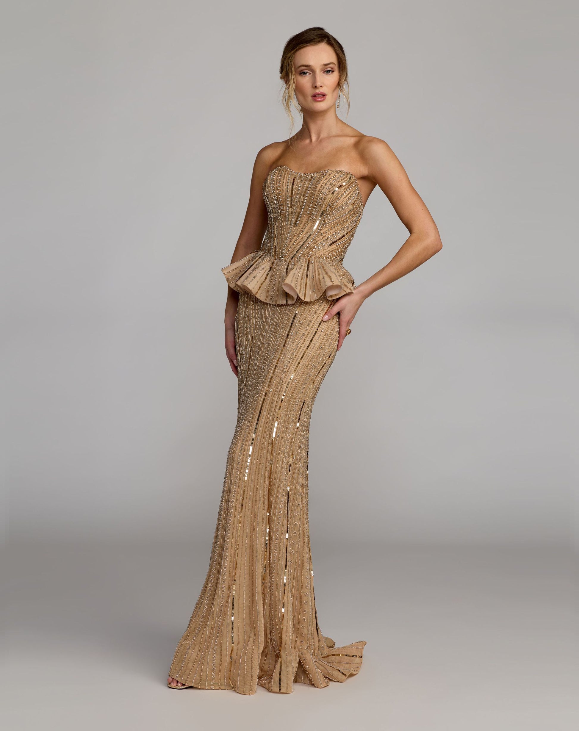 Gold Strapless Embellished Peplum Gown  - Mac Duggal