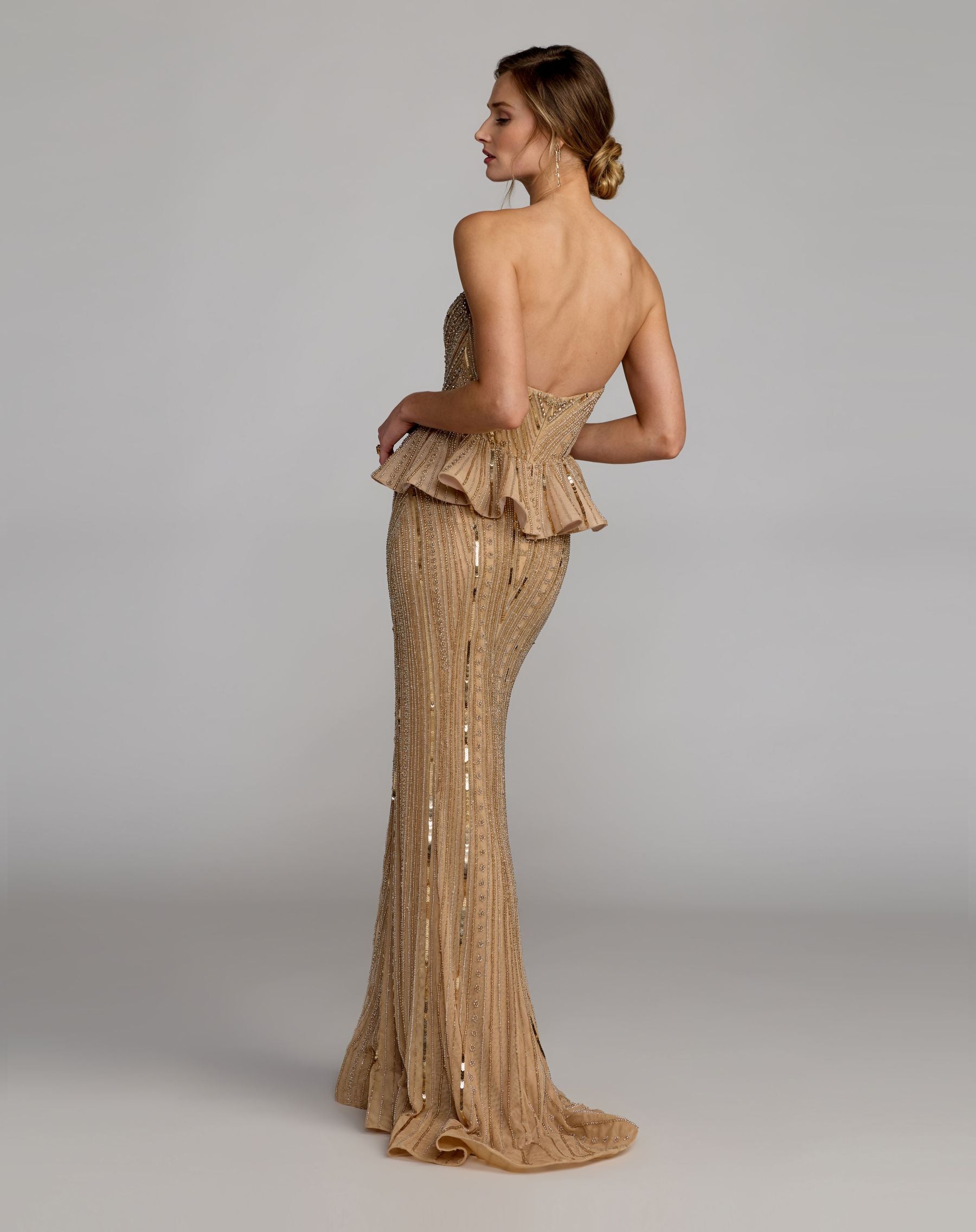 Gold Strapless Embellished Peplum Gown  - Mac Duggal