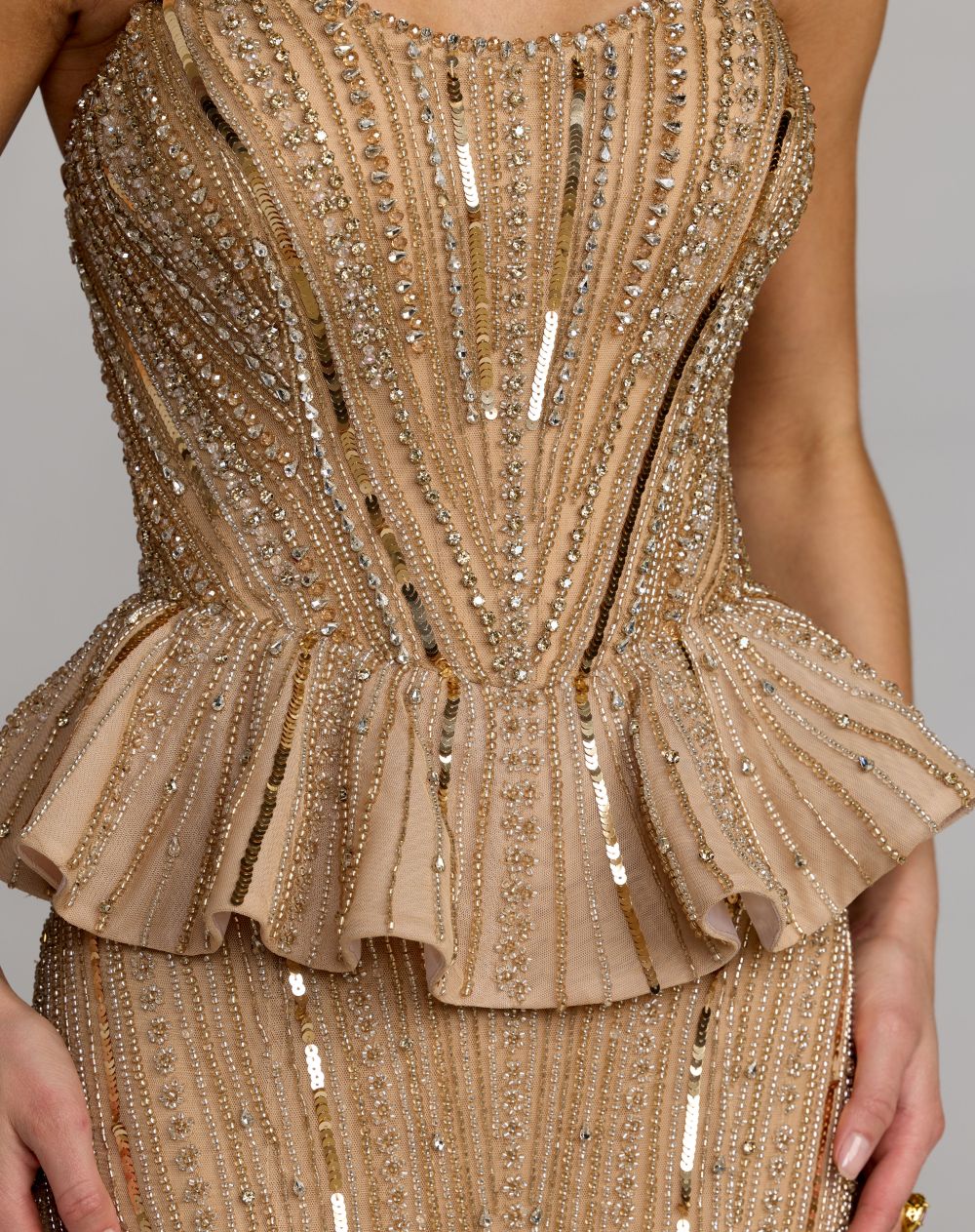 Silver Gold Strapless Embellished Peplum Gown - Mac Duggal