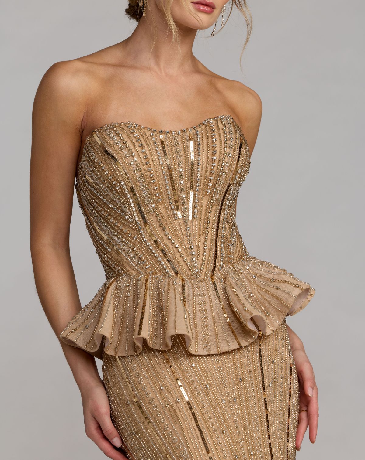 Gold Strapless Embellished Peplum Gown  - Mac Duggal