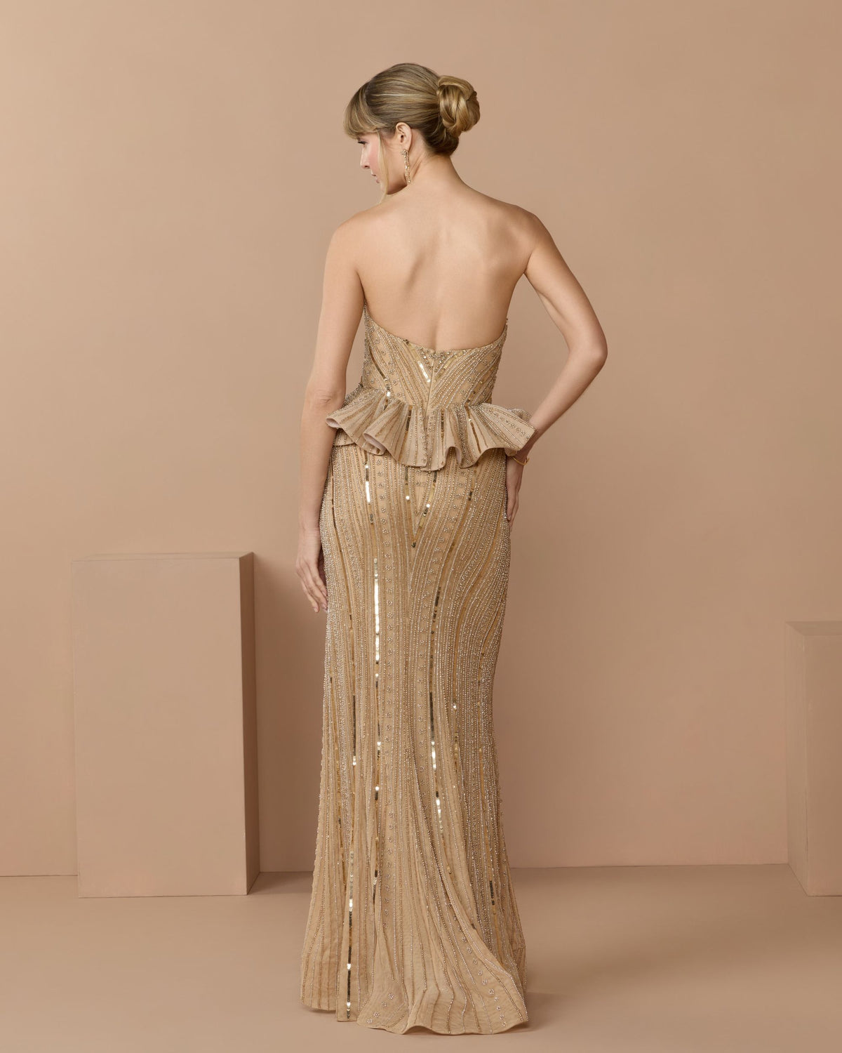 Silver Gold Strapless Embellished Peplum Gown - Mac Duggal