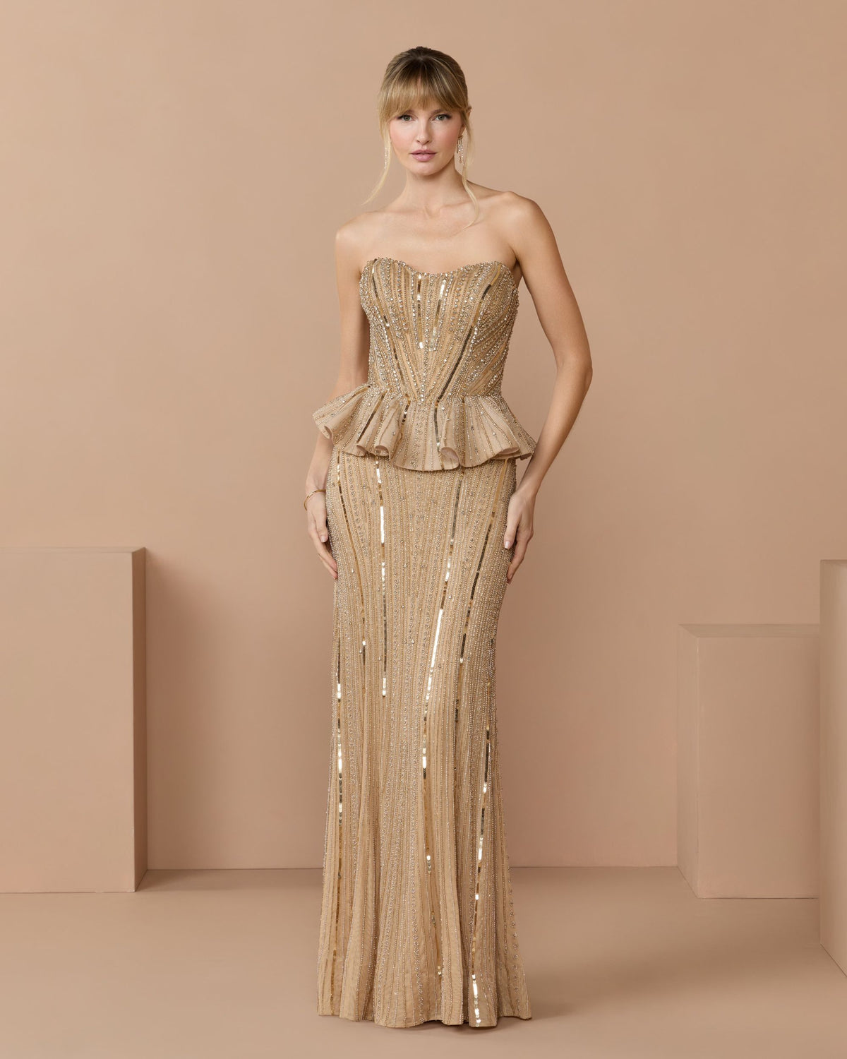 Silver Gold Strapless Embellished Peplum Gown - Mac Duggal