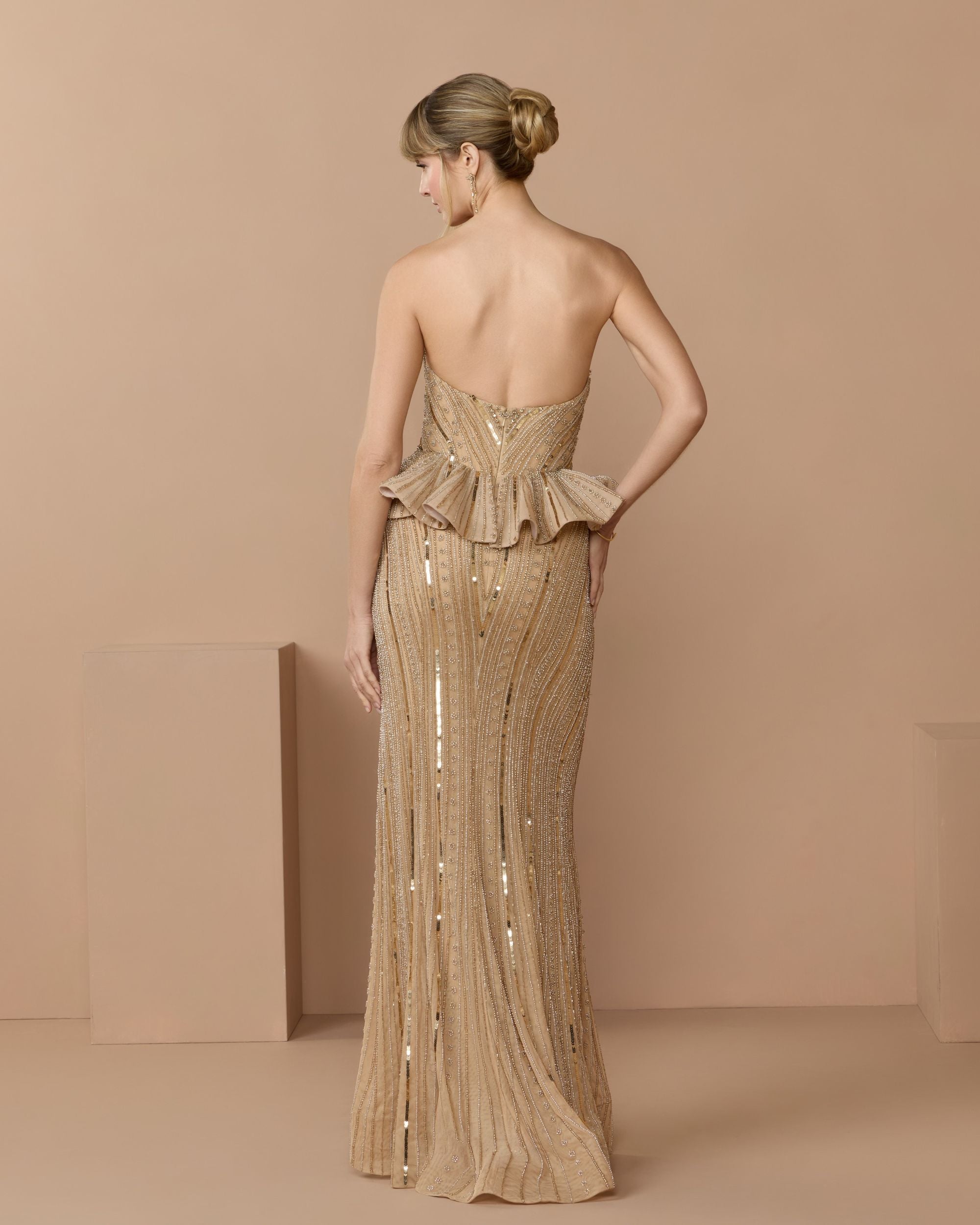 Gold Strapless Embellished Peplum Gown  - Mac Duggal