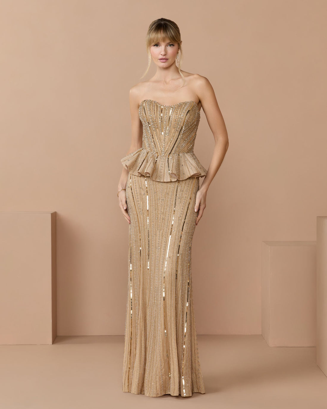 Gold Strapless Embellished Peplum Gown  - Mac Duggal