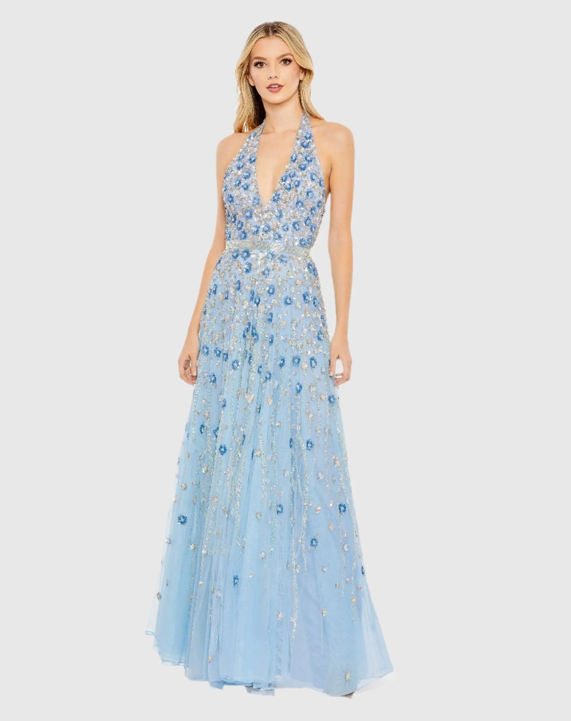 Floral Embellished Halter Strap A Line Gown - Powder Blue