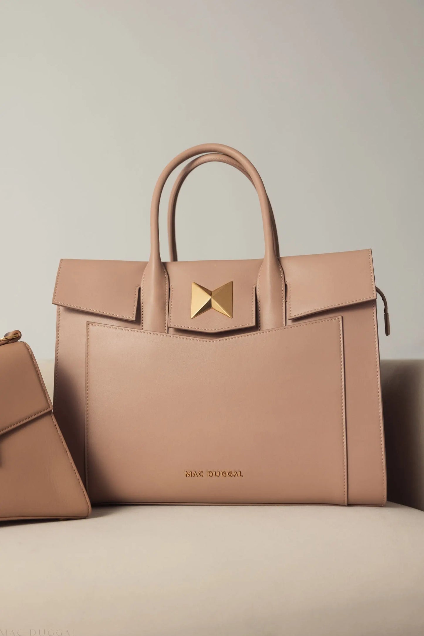 Beige Large Leather Briefcase Bag With Gold Hardware - Mac Duggal