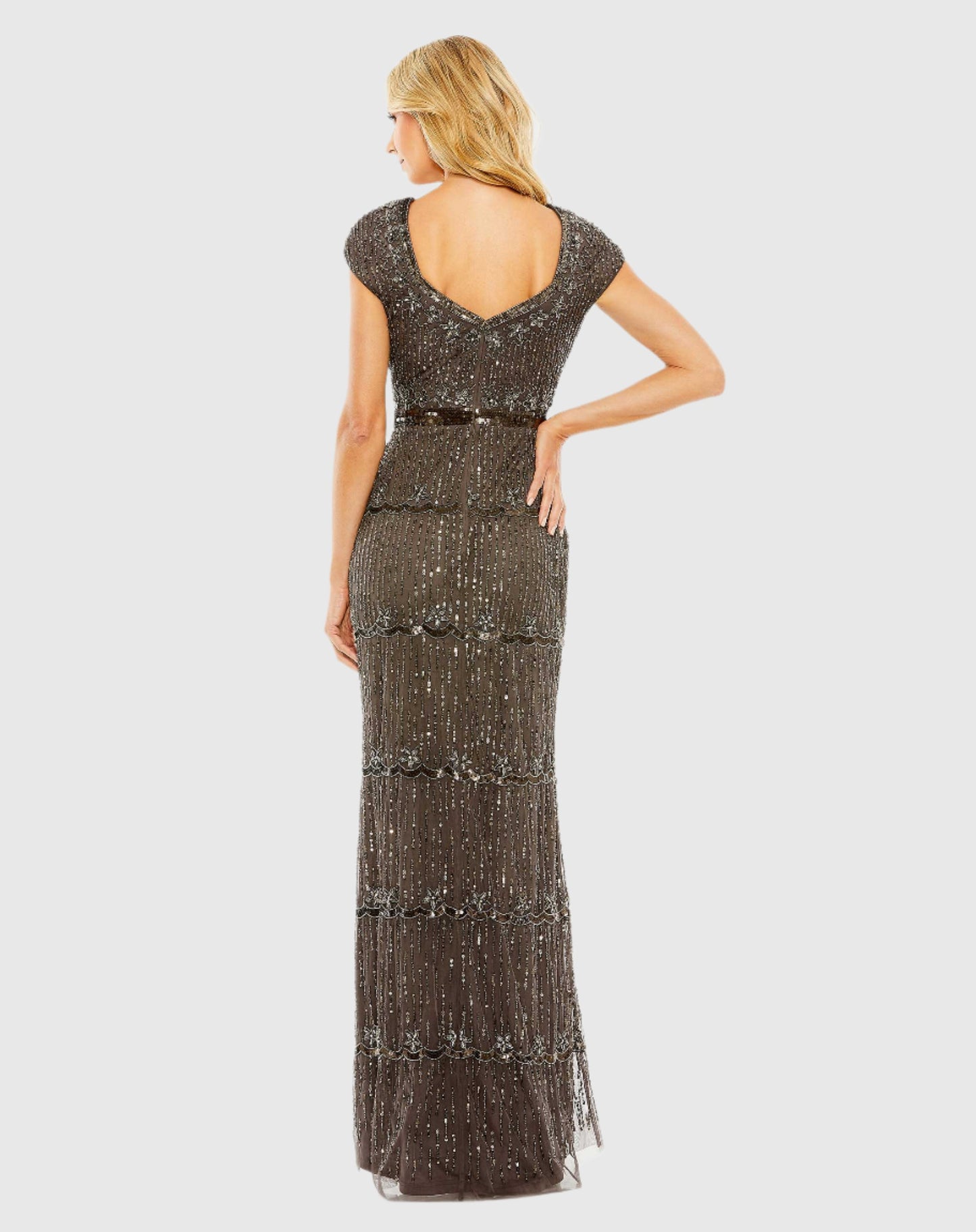 Cap Sleeve Sweetheart Neckline Beaded Sequin Column Gown