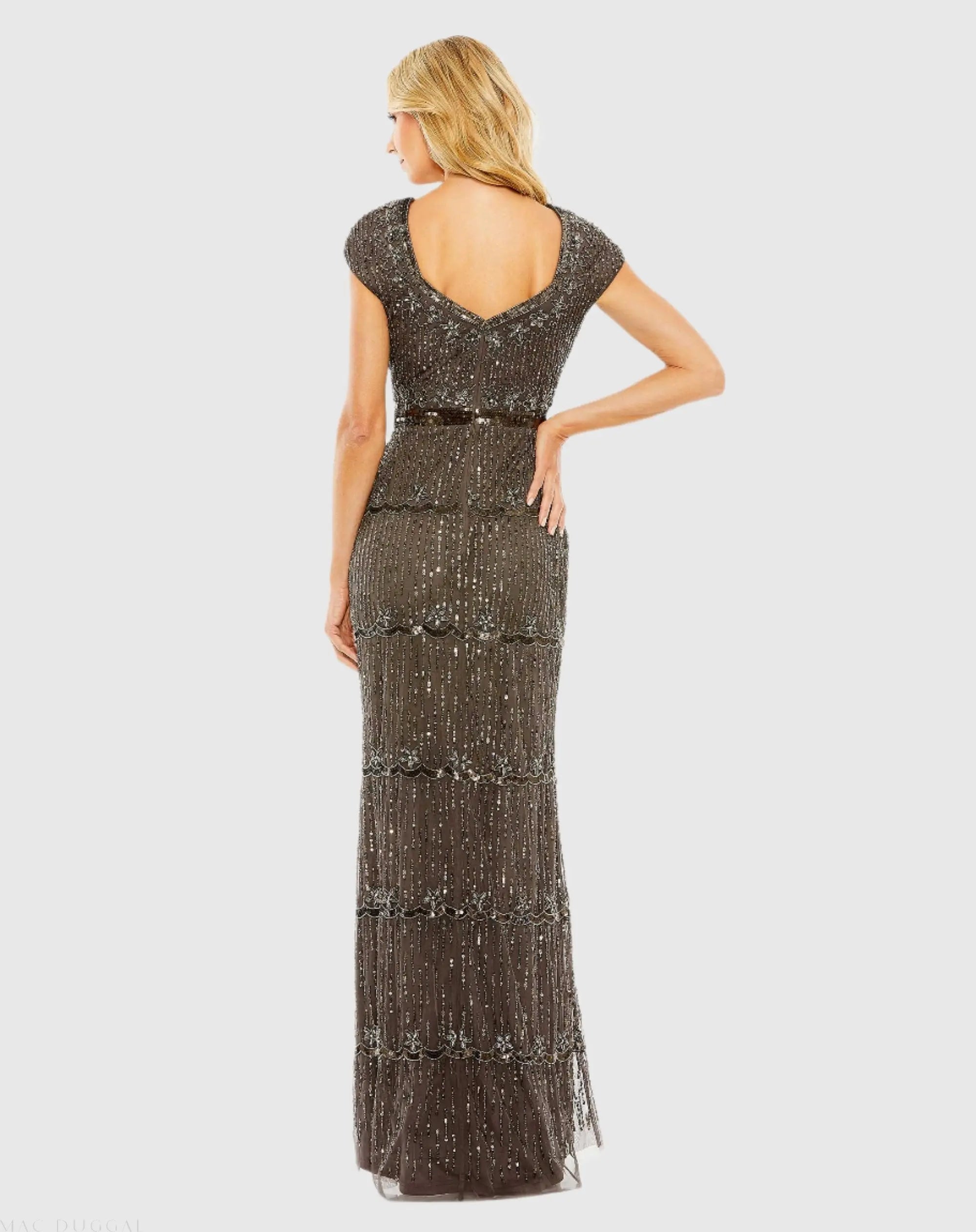 Brown Cap Sleeve Sweetheart Neckline Beaded Sequin Column Gown - Mac Duggal