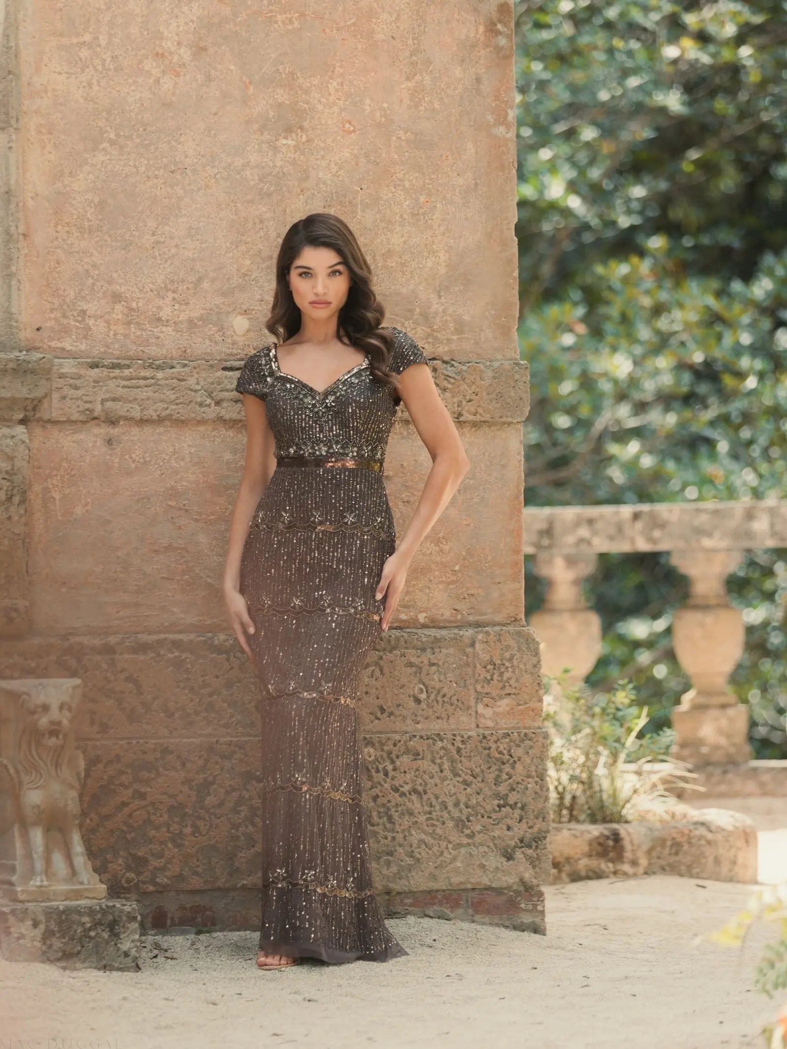 Mac Duggal - Brown Sequin Cap Sleeve Sweetheart Column Gown - US 16 Mac Duggal - Brown Sequin Cap Sleeve Sweetheart Column Gown - US 16