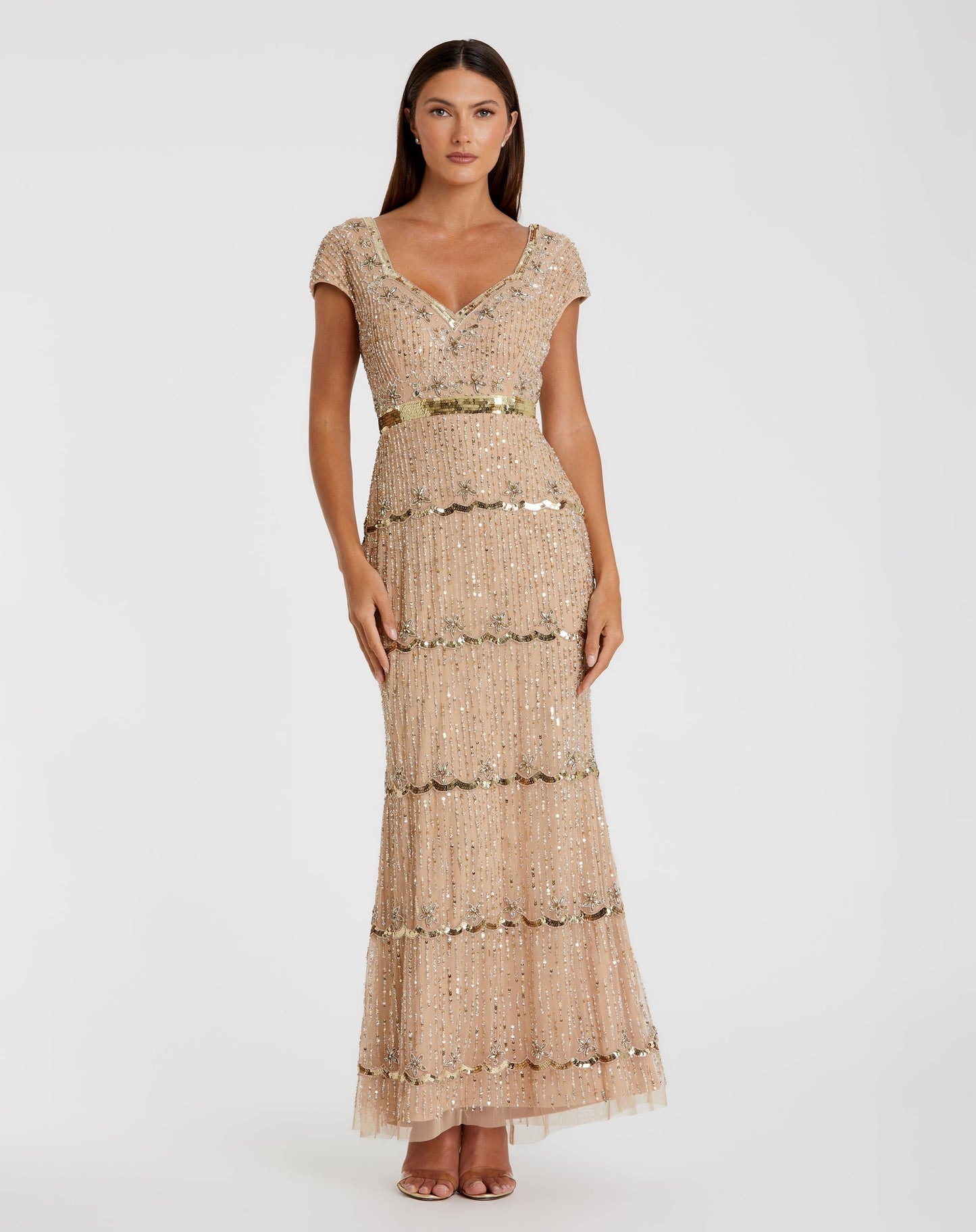 Cap Sleeve Sweetheart Neckline Beaded Sequin Column Gown