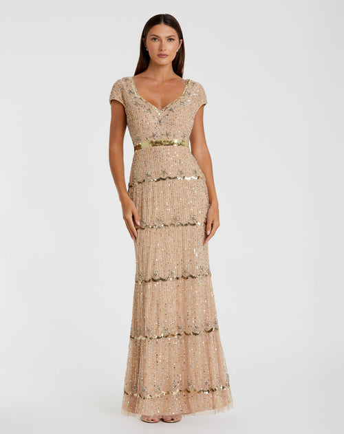 Beige Cap Sleeve Sweetheart Neckline Beaded Sequin Column Gown