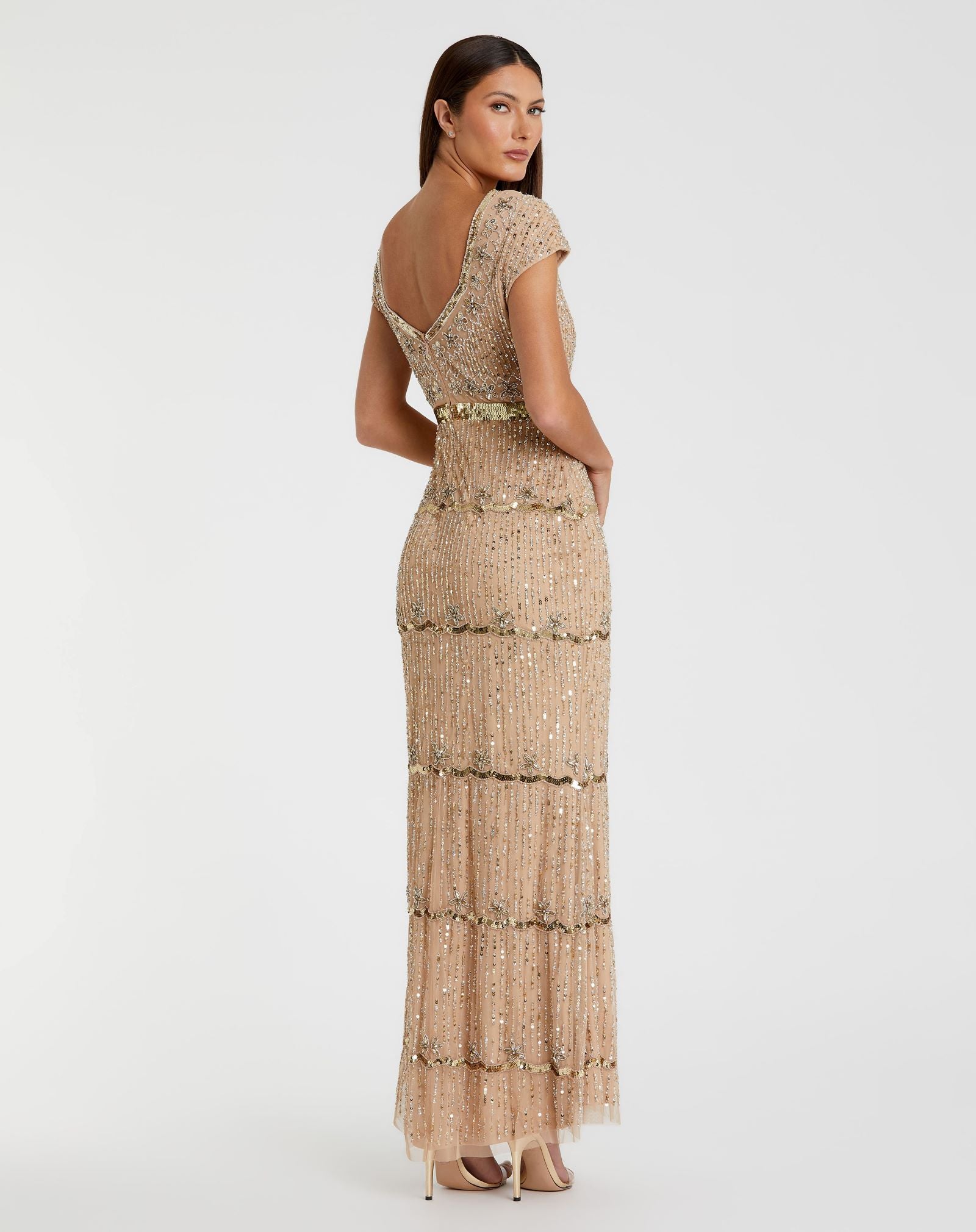 Cap Sleeve Sweetheart Neckline Beaded Sequin Column Gown