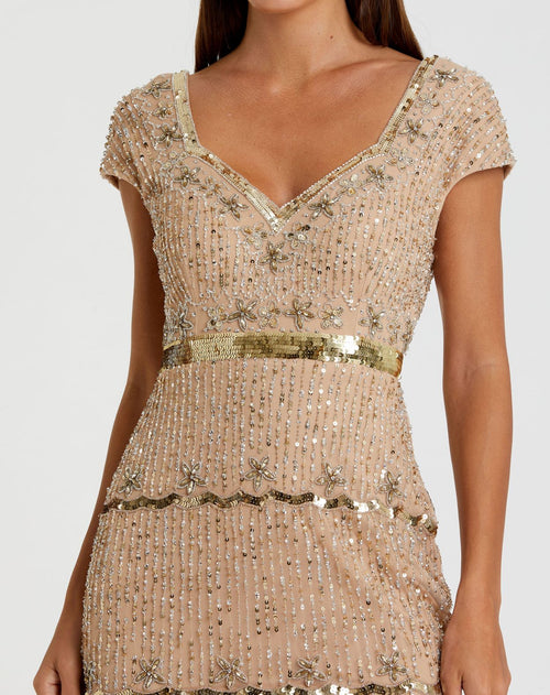 Cap Sleeve Sweetheart Neckline Beaded Sequin Column Gown