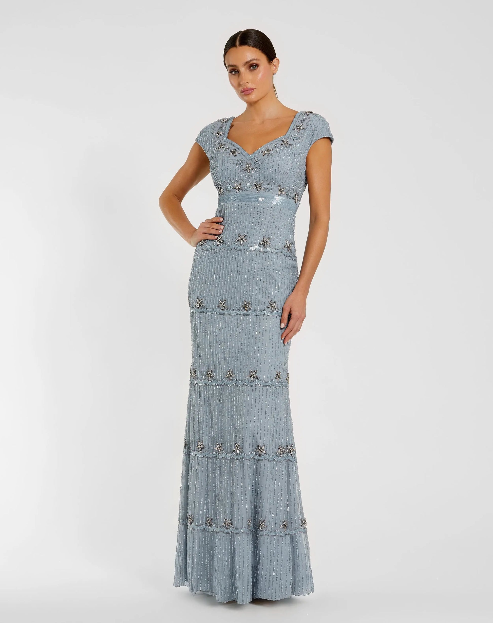 Blue Sequin Cap Sleeve Sweetheart Column Gown - Mac Duggal