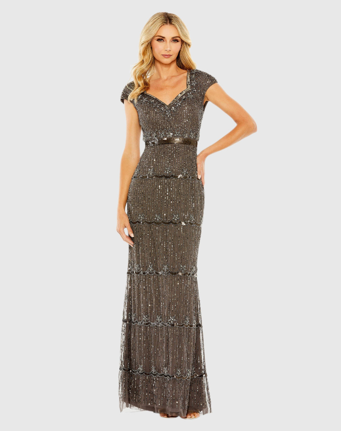 Cap Sleeve Sweetheart Neckline Beaded Sequin Column Gown