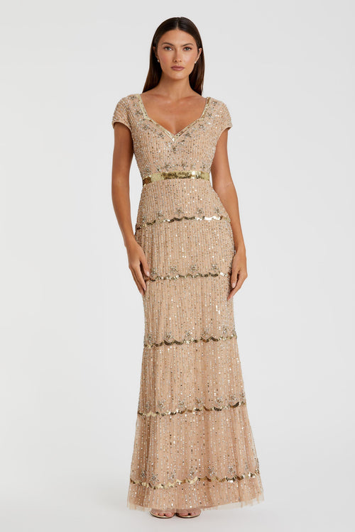 Beige Cap Sleeve Sweetheart Neckline Beaded Sequin Column Gown