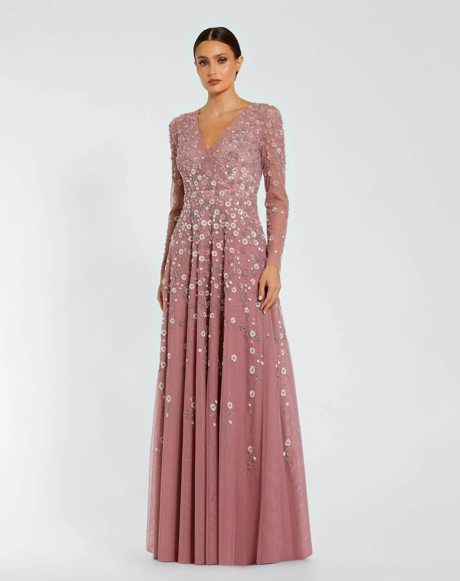 Purple Embellished Wrap Over Illusion Long Sleeve A Line Gown Mac Duggal