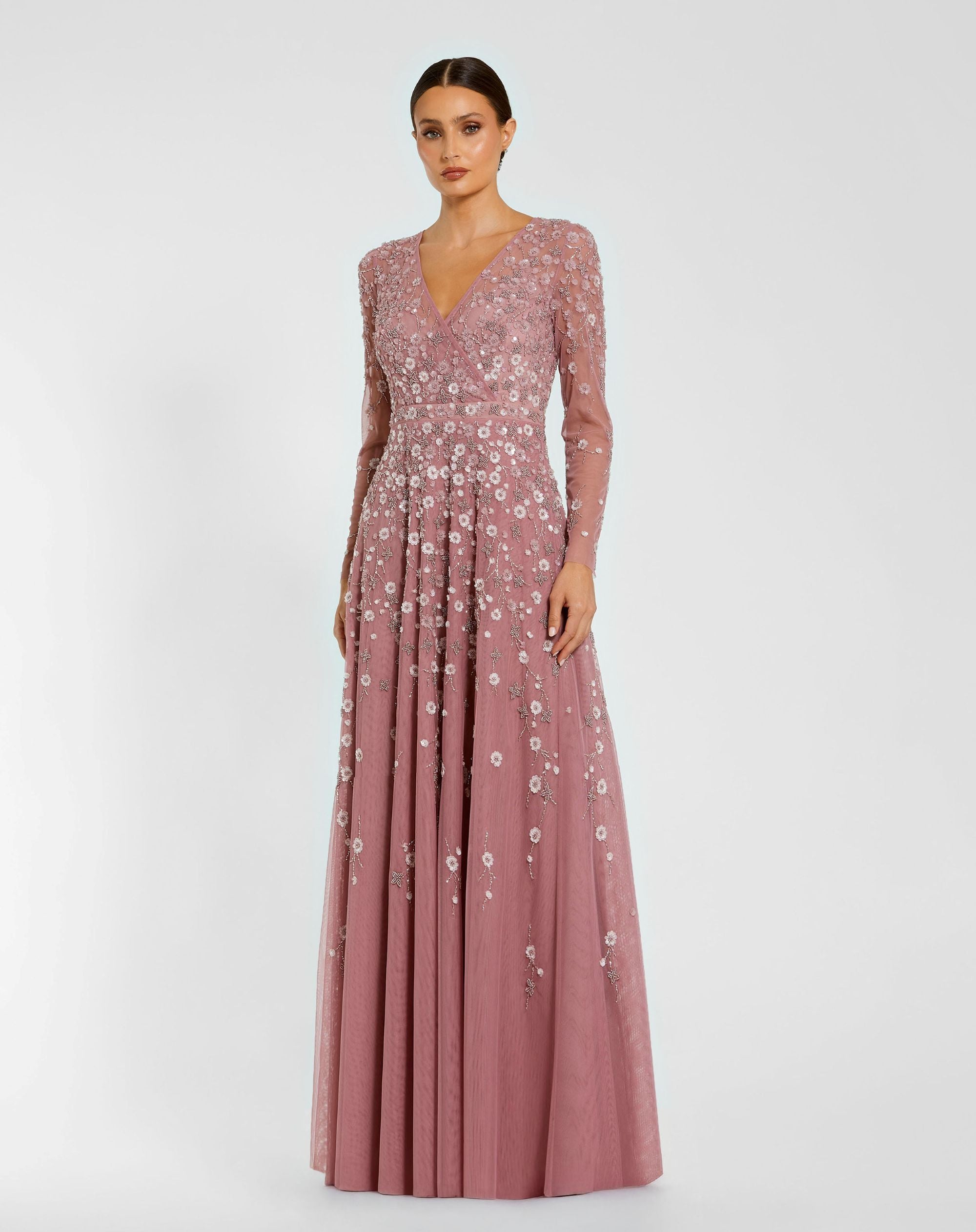 Purple Embellished Wrap Over Illusion Long Sleeve A Line Gown Mac Duggal