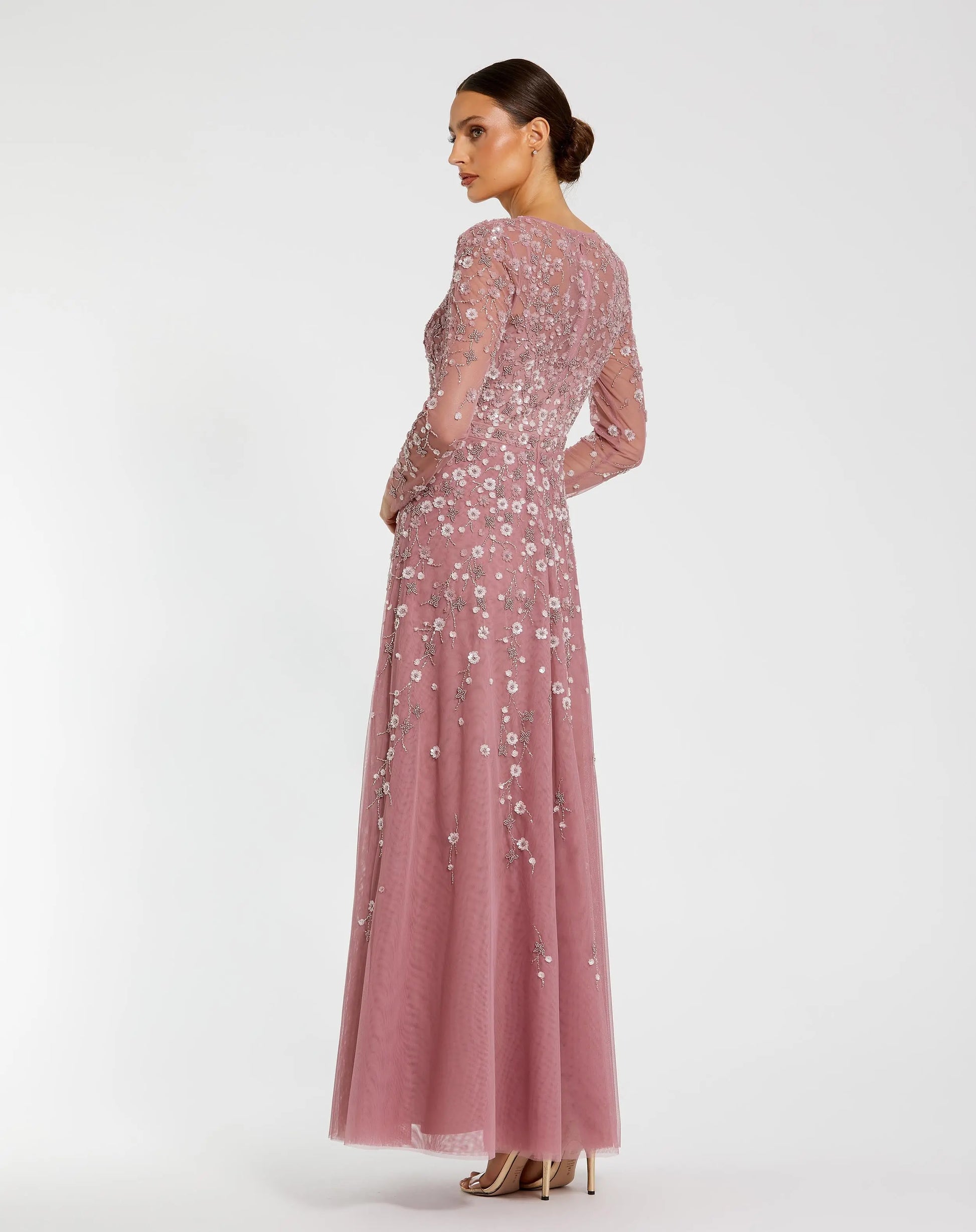 Purple Embellished Wrap Over Illusion Long Sleeve A Line Gown Mac Duggal