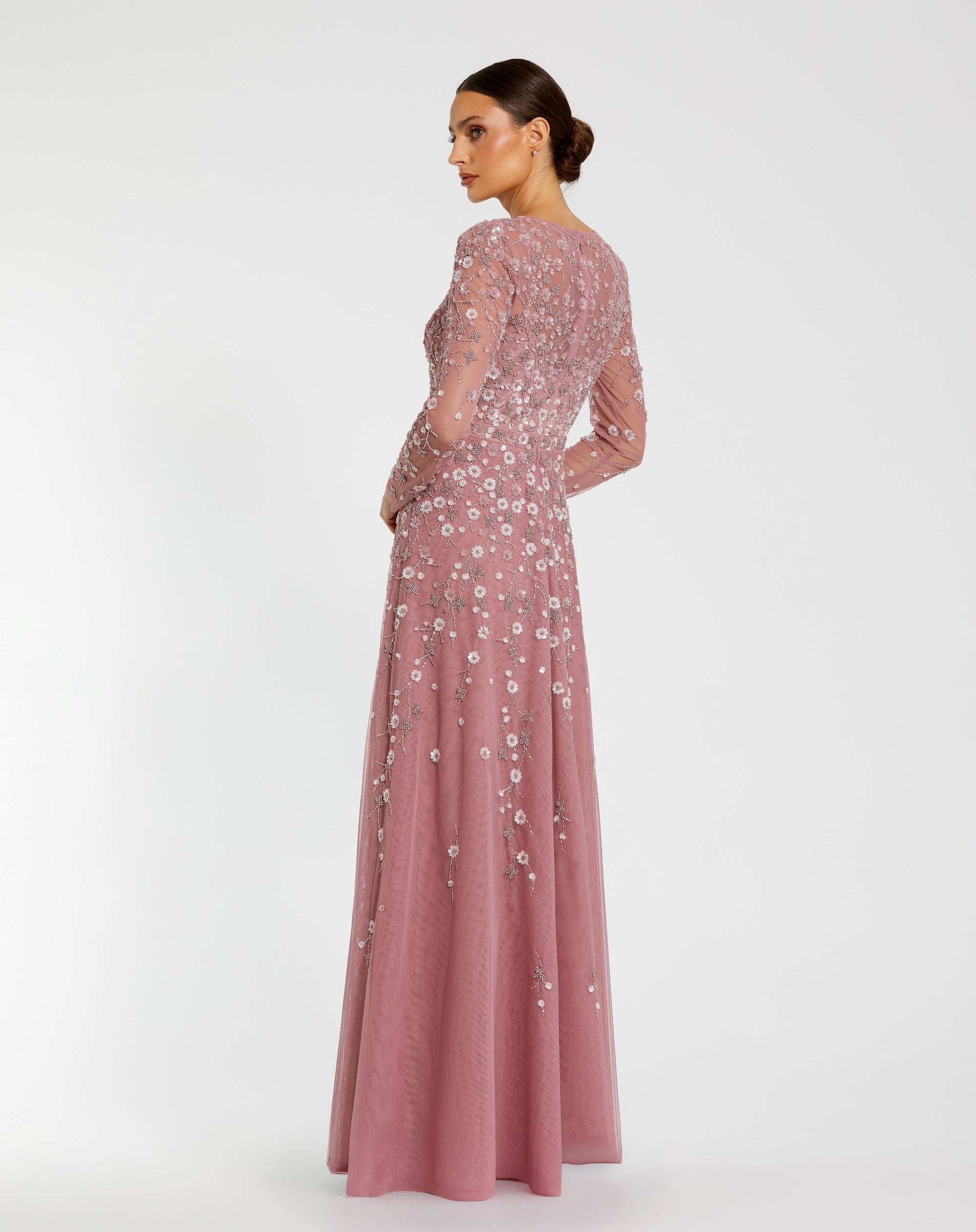 Purple Embellished Wrap Over Illusion Long Sleeve A Line Gown Mac Duggal