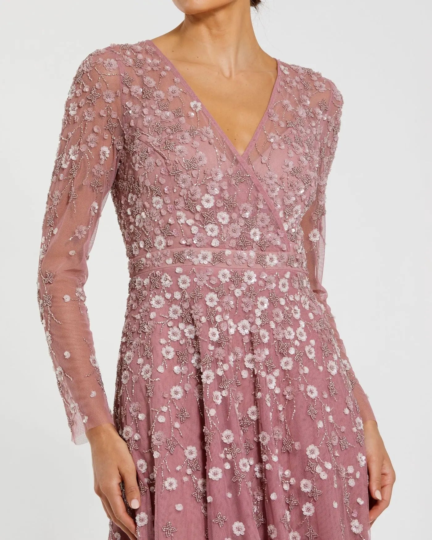 Purple Embellished Wrap Over Illusion Long Sleeve A Line Gown Mac Duggal