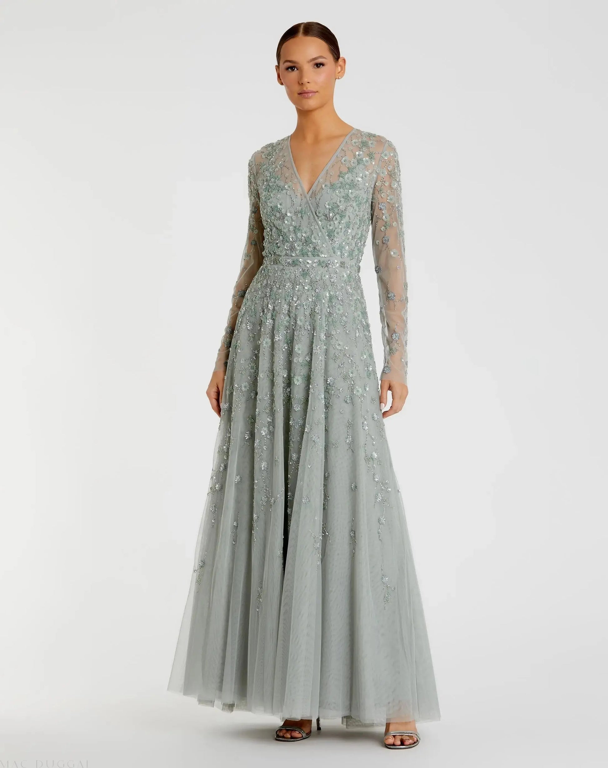 Green Embellished Wrap Over Illusion Long Sleeve A Line Gown - Mac Green Embellished Wrap Over Illusion Long Sleeve A Line Gown - Mac