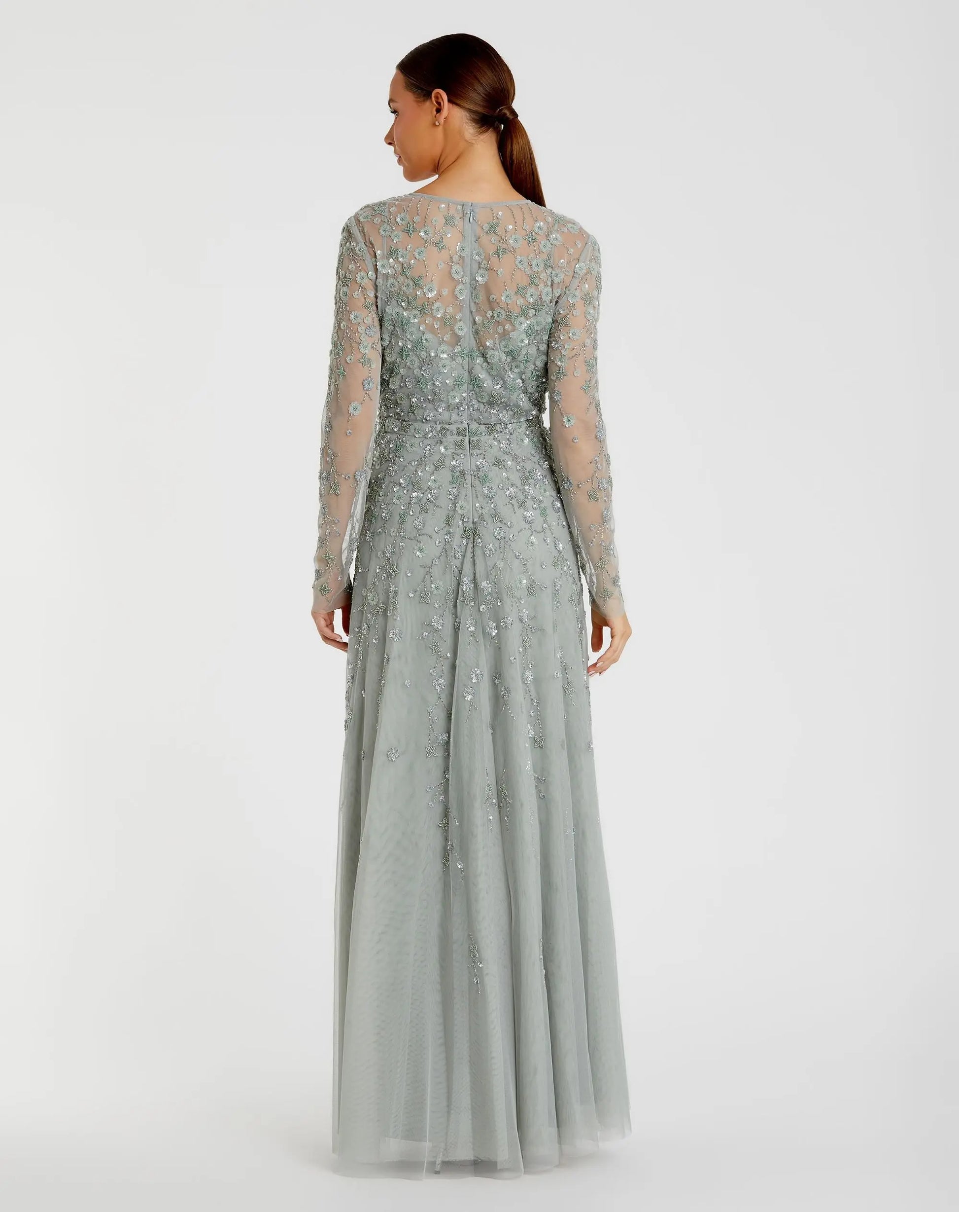 Green Embellished Wrap Over Illusion Long Sleeve A Line Gown - Mac Green Embellished Wrap Over Illusion Long Sleeve A Line Gown - Mac