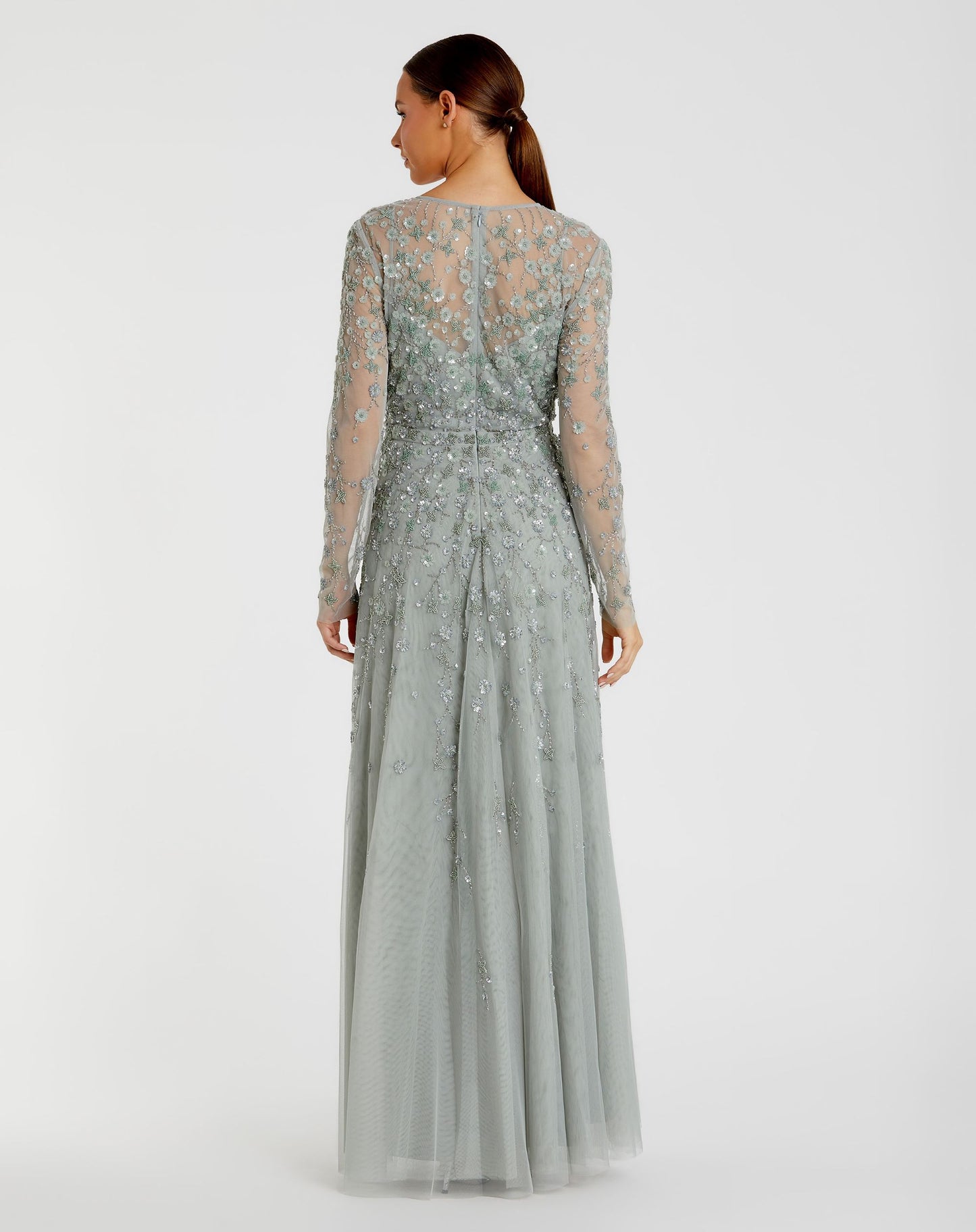 Embellished Wrap Over Illusion Long Sleeve A Line Gown