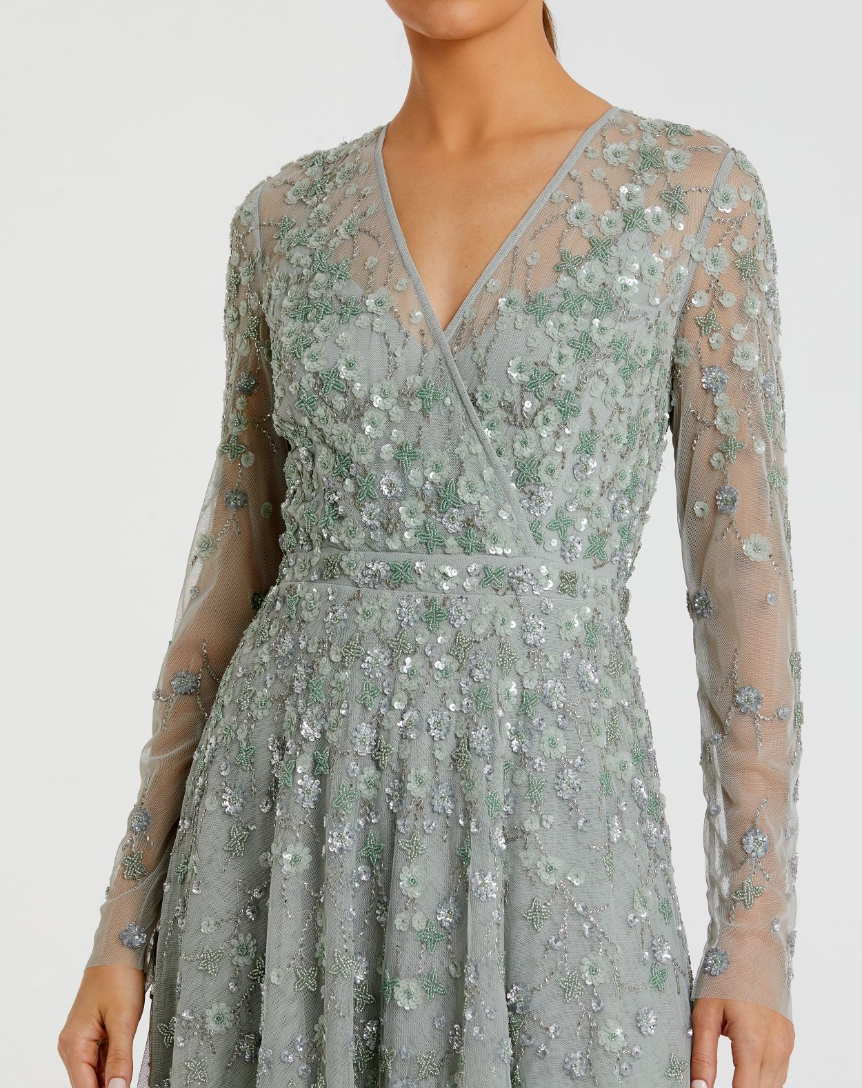 Embellished Wrap Over Illusion Long Sleeve A Line Gown