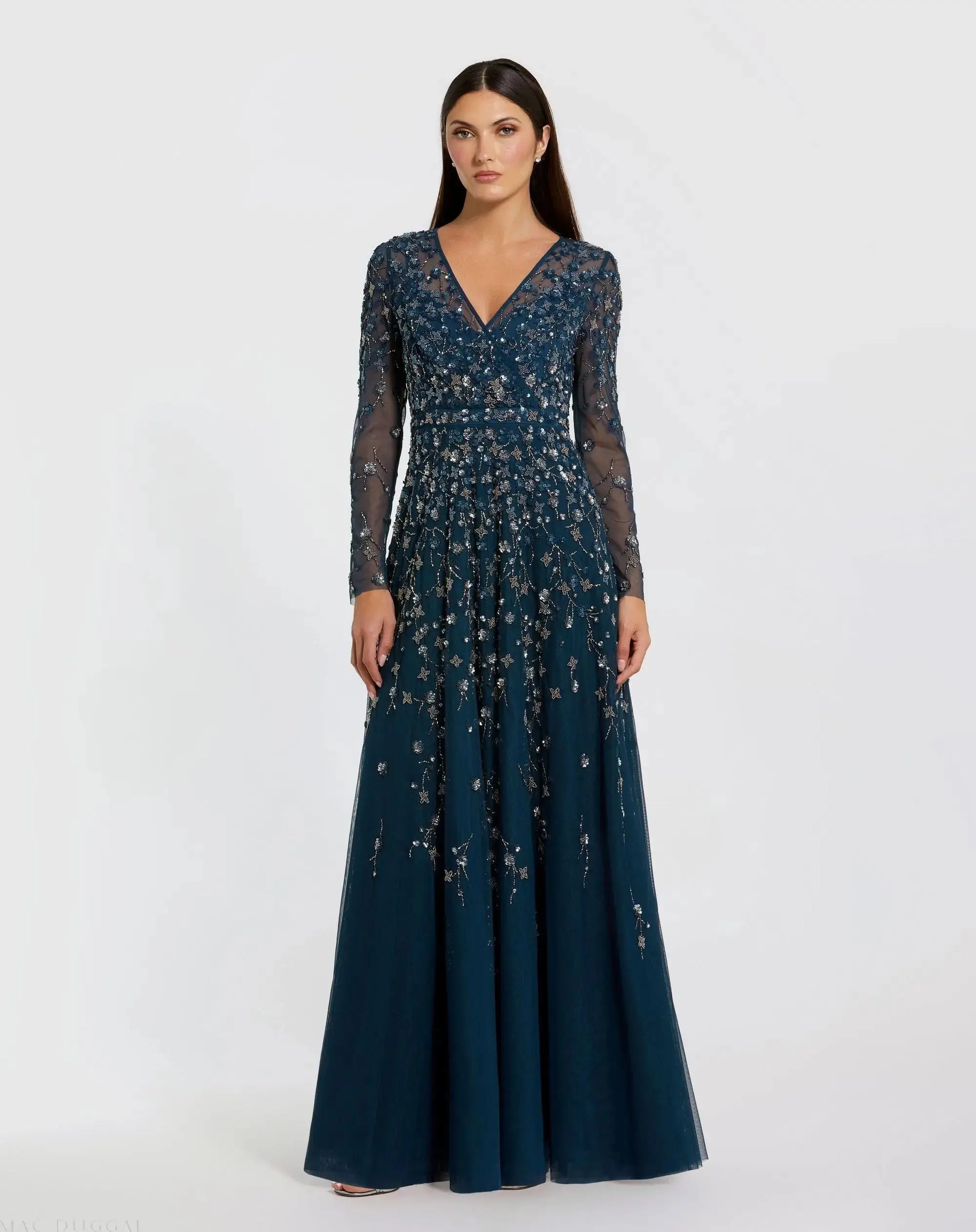 Embellished Wrap Over Illusion Long Sleeve A Line Gown - Mac Duggal