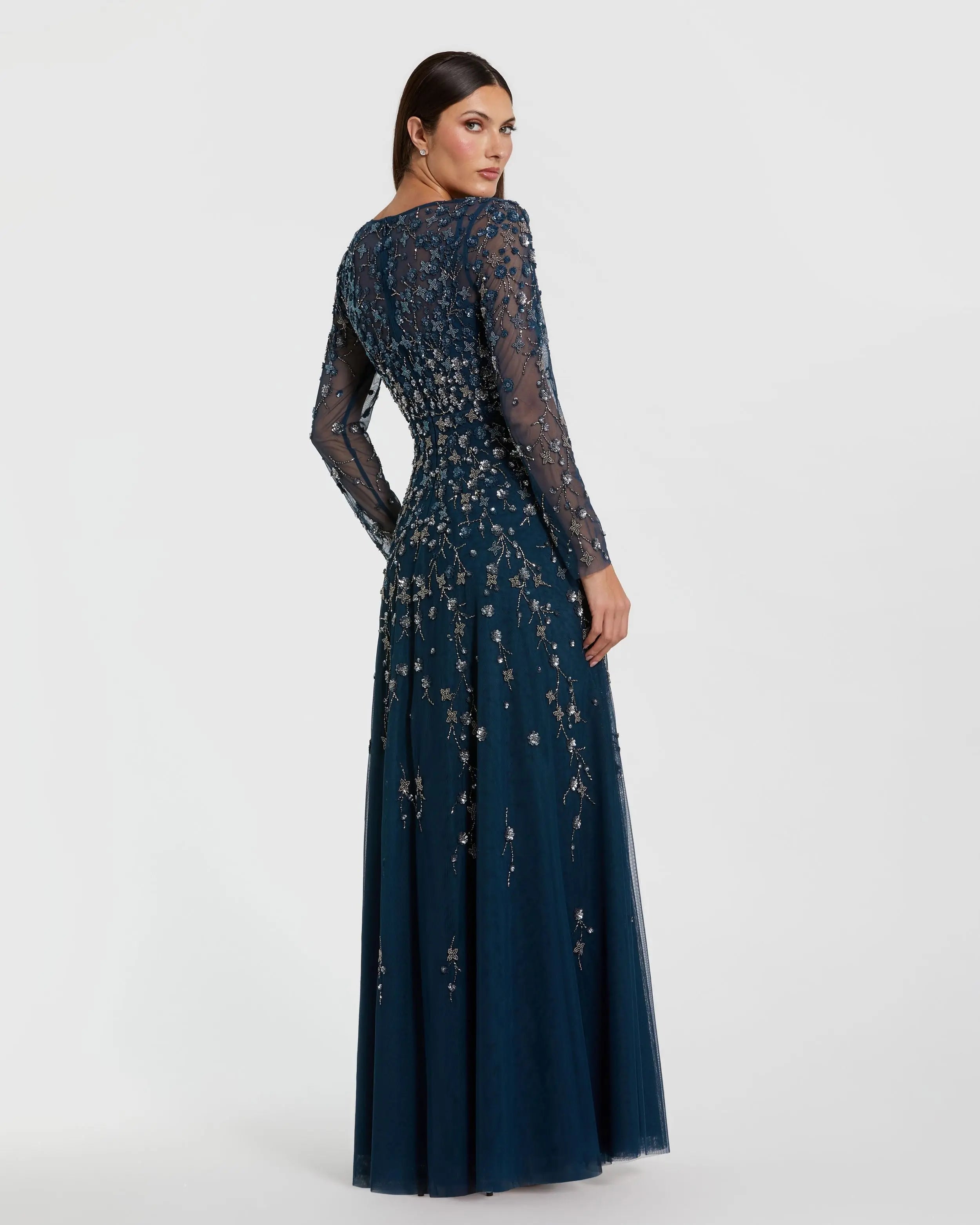 Navy Embellished Wrap Over Illusion Long Sleeve A Line Gown Mac Duggal