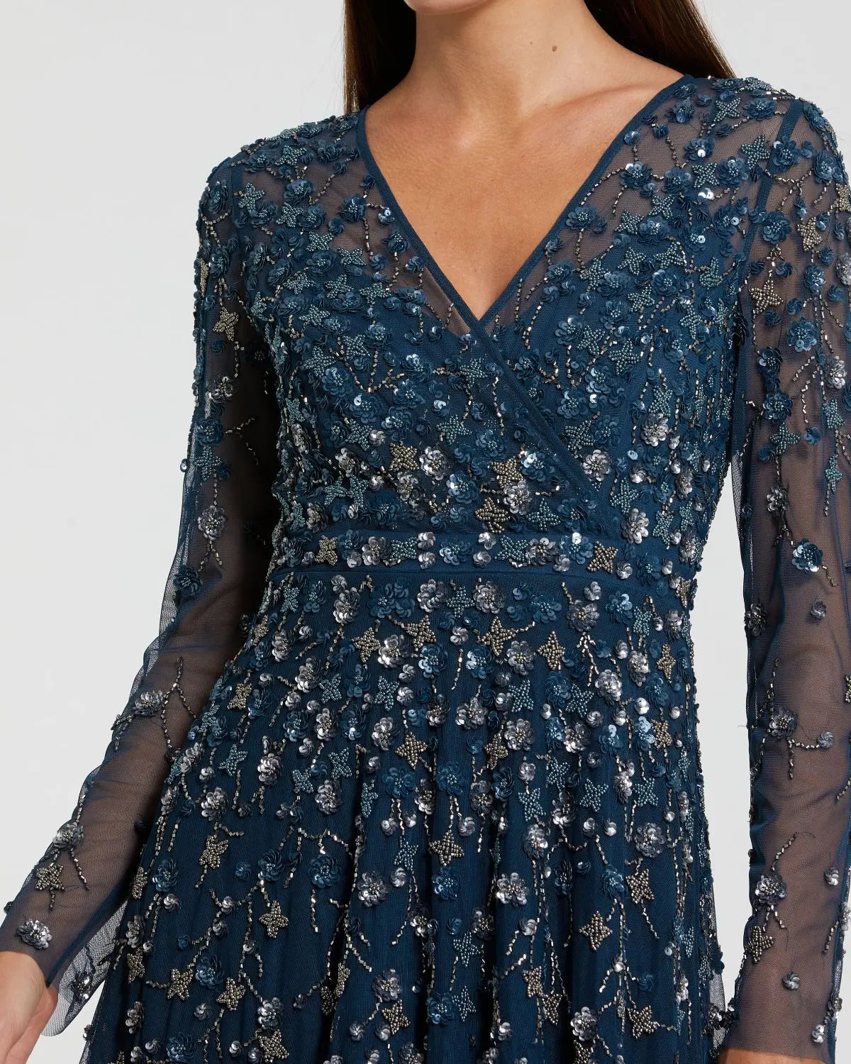 Navy Embellished Wrap Over Illusion Long Sleeve A Line Gown Mac Duggal