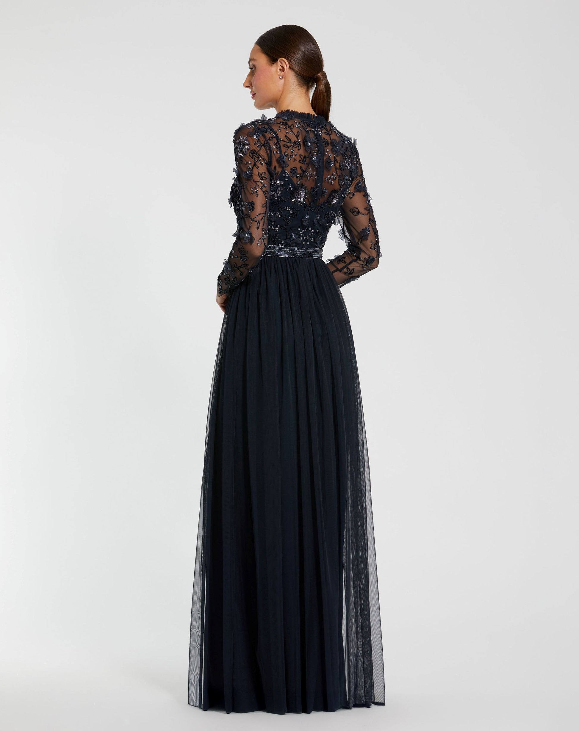 Navy Embellished Illusion High Neck Long Sleeve Gown - Mac Duggal