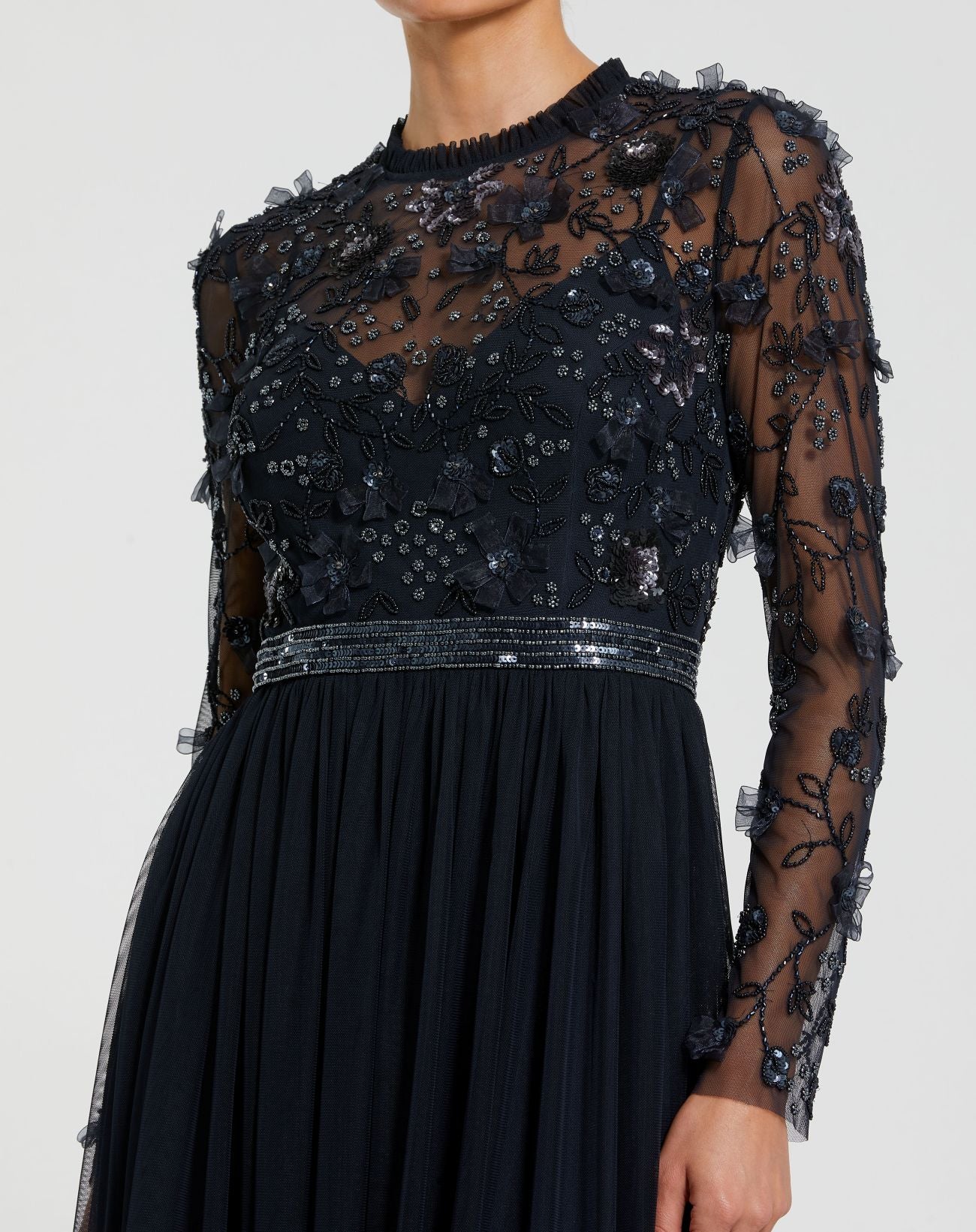Navy Embellished Illusion High Neck Long Sleeve Gown - Mac Duggal
