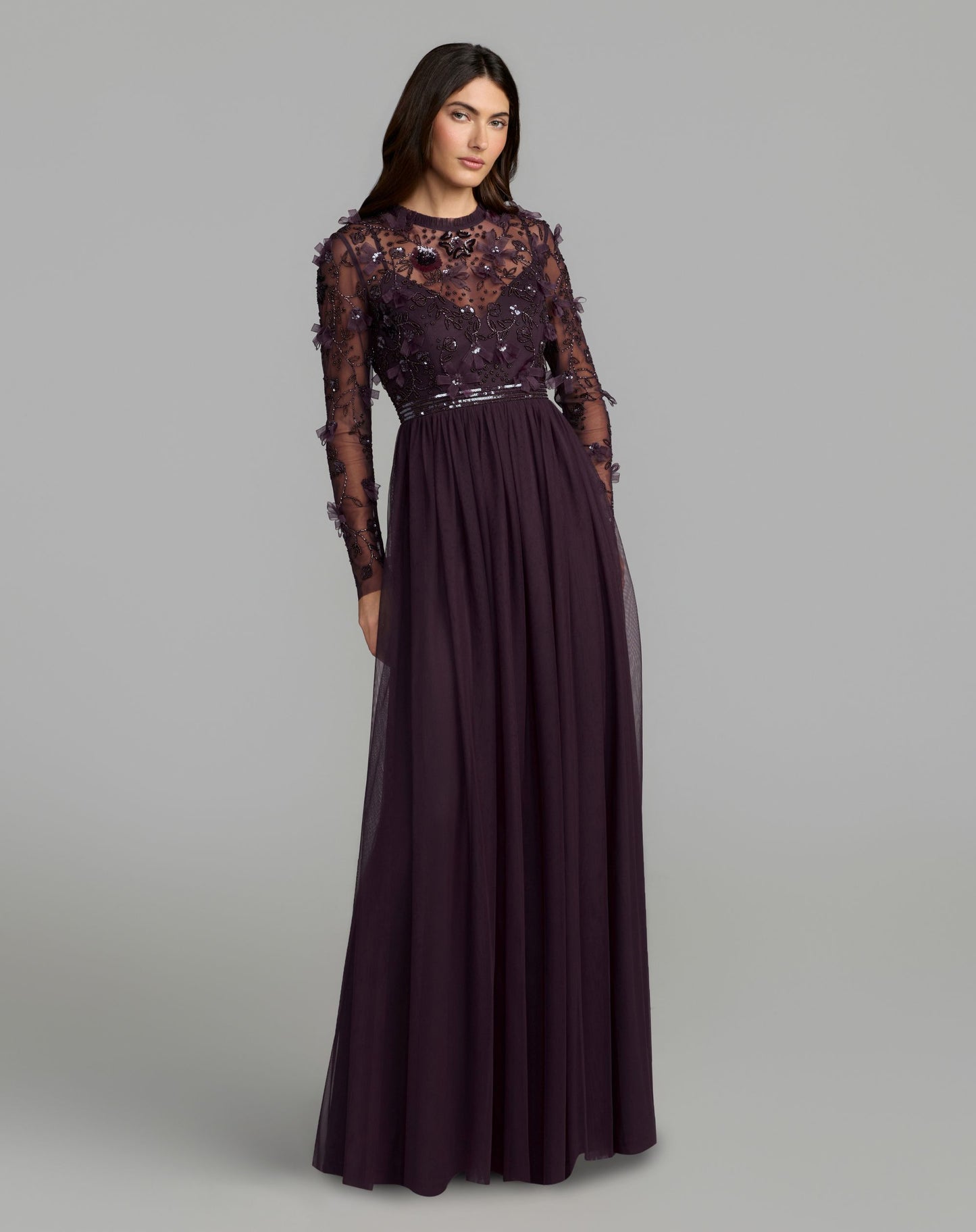 Purple Embellished Illusion High Neck Long Sleeve Gown - Mac Duggal