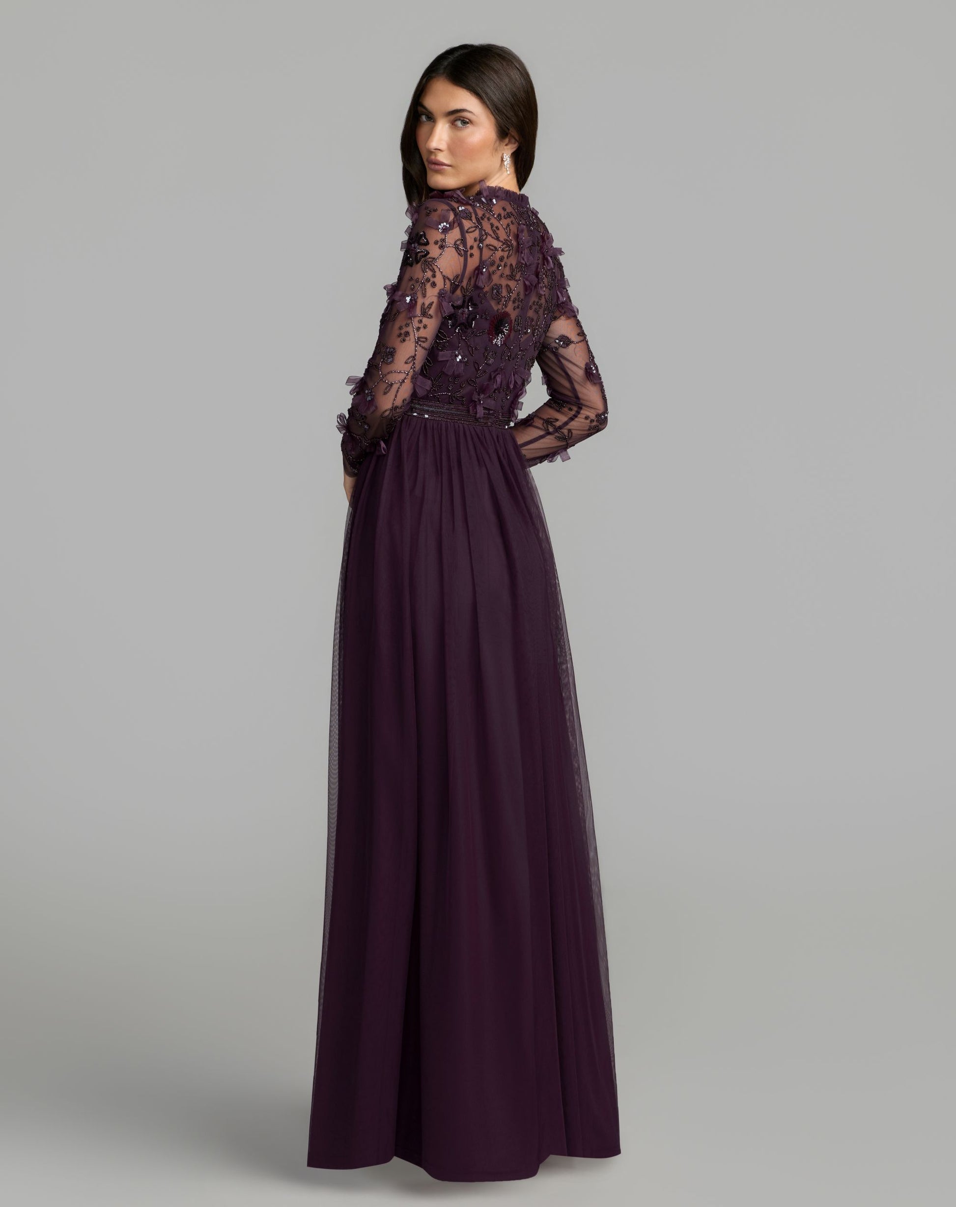 Purple Embellished Illusion High Neck Long Sleeve Gown - Mac Duggal