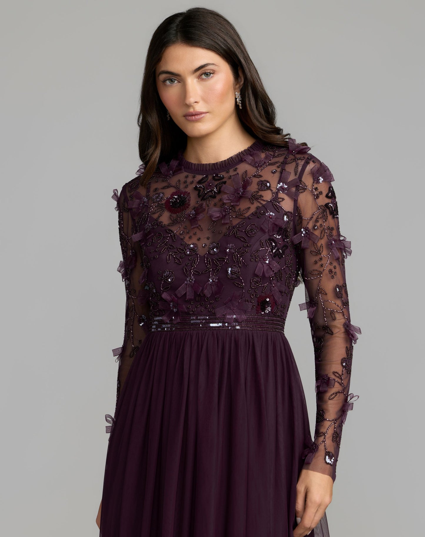 Purple Embellished Illusion High Neck Long Sleeve Gown - Mac Duggal