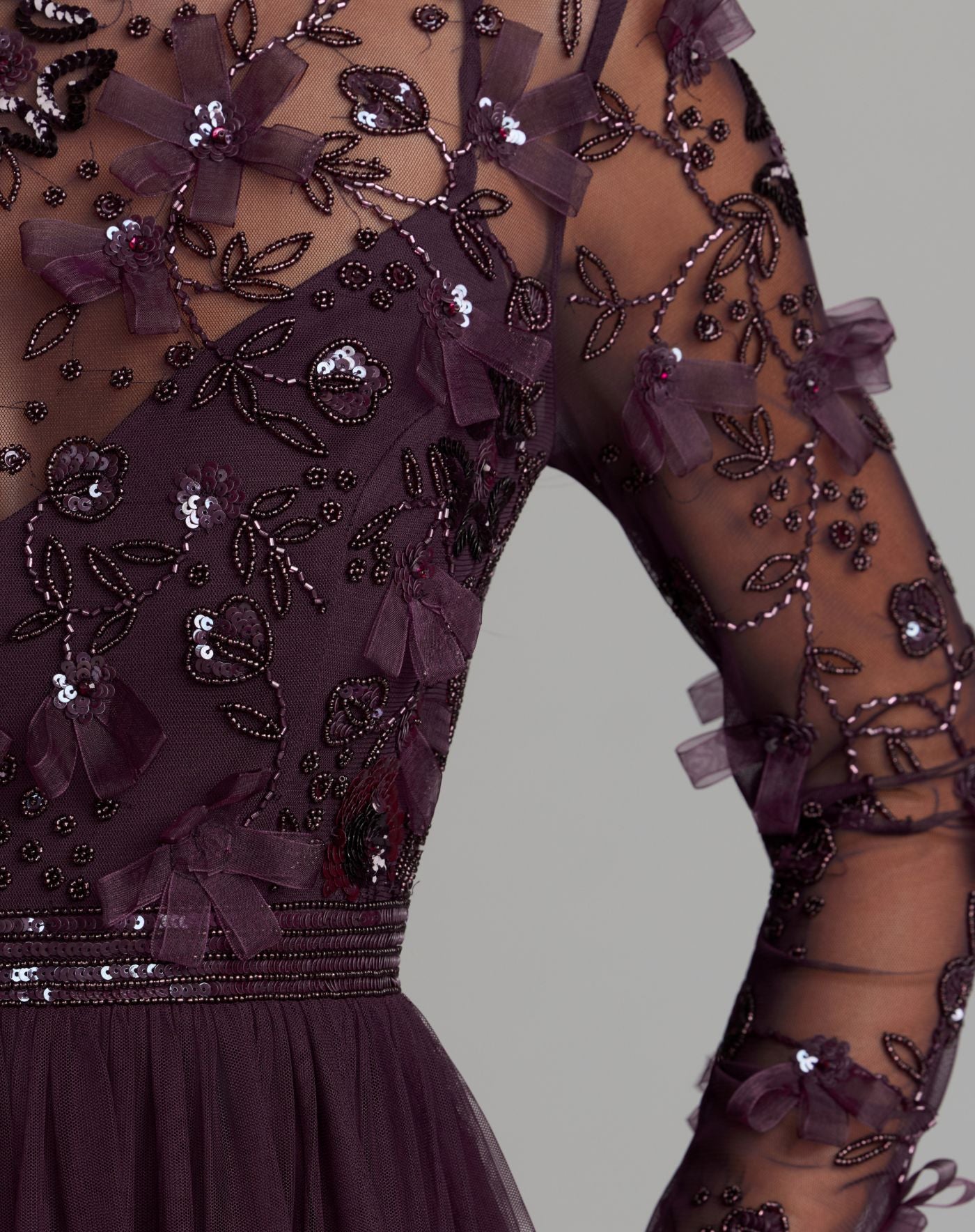Purple Embellished Illusion High Neck Long Sleeve Gown - Mac Duggal
