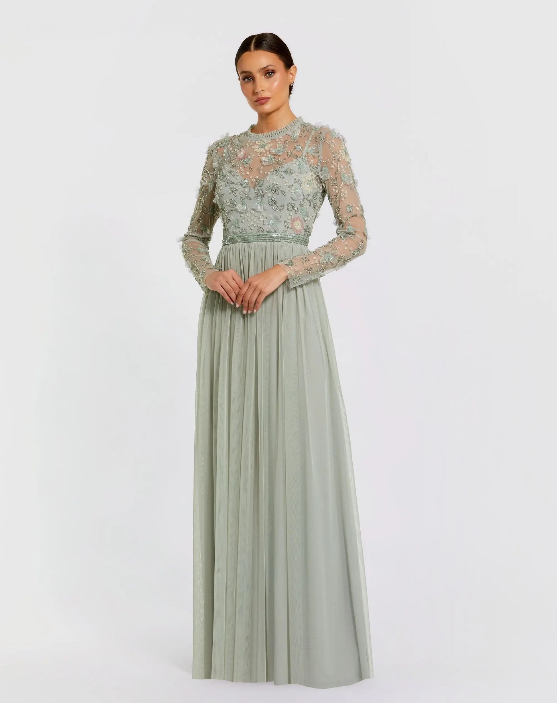 Mac Duggal - Green Embellished Illusion High Neck Long Sleeve Gown - US 10 Mac Duggal - Green Embellished Illusion High Neck Long Sleeve Gown - US 10