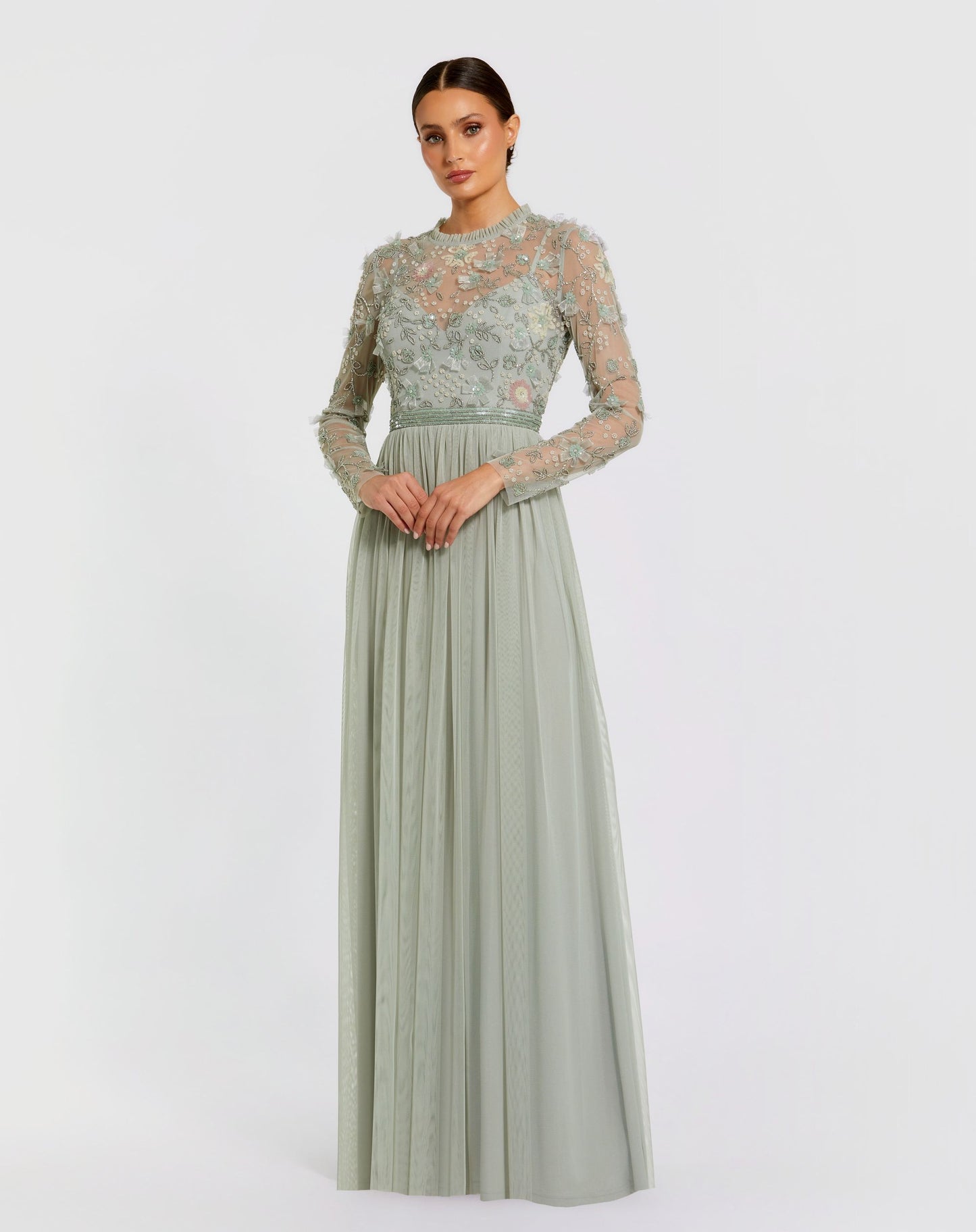 Green Embellished Illusion High Neck Long Sleeve Gown