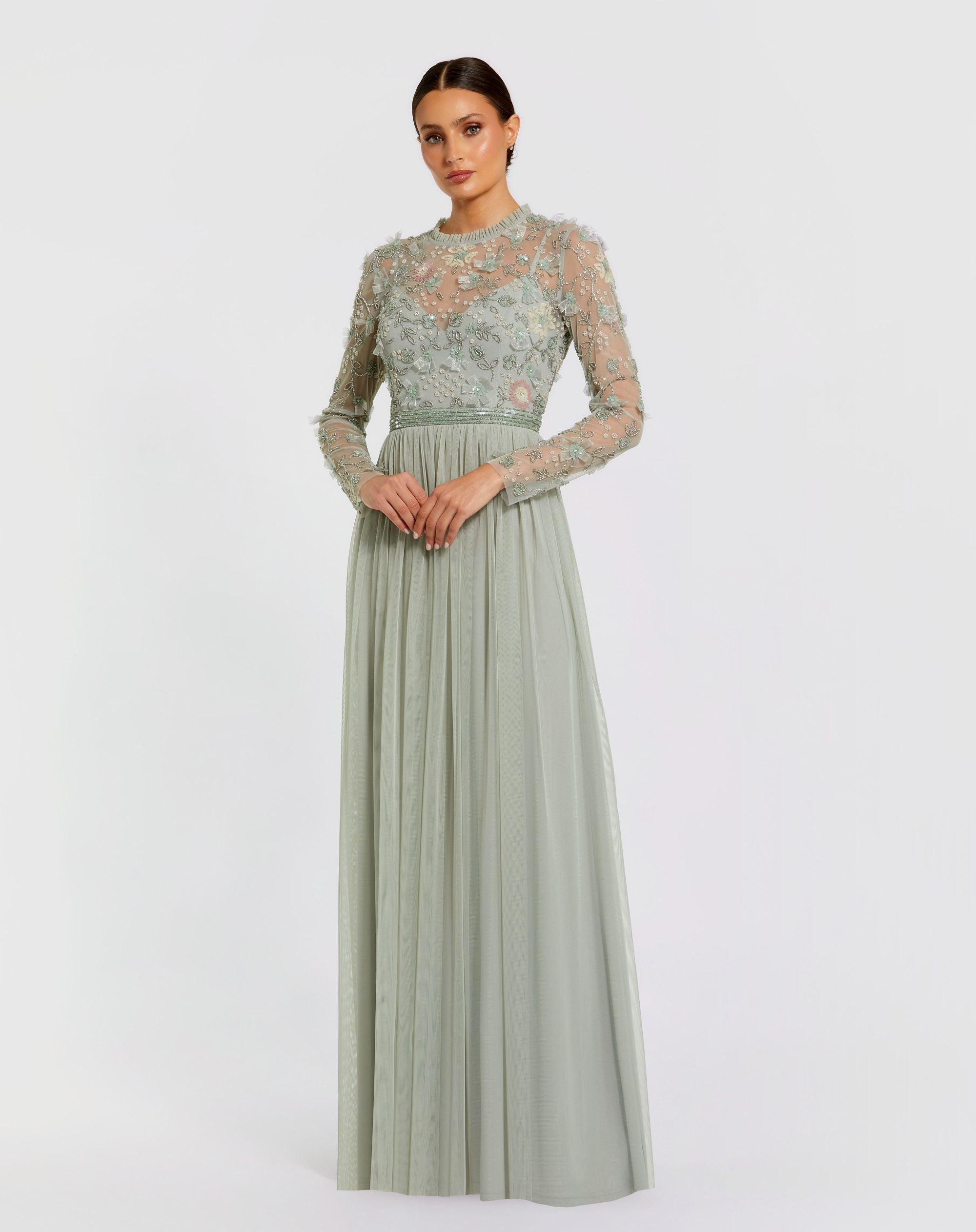 Green Embellished Illusion High Neck Long Sleeve Gown