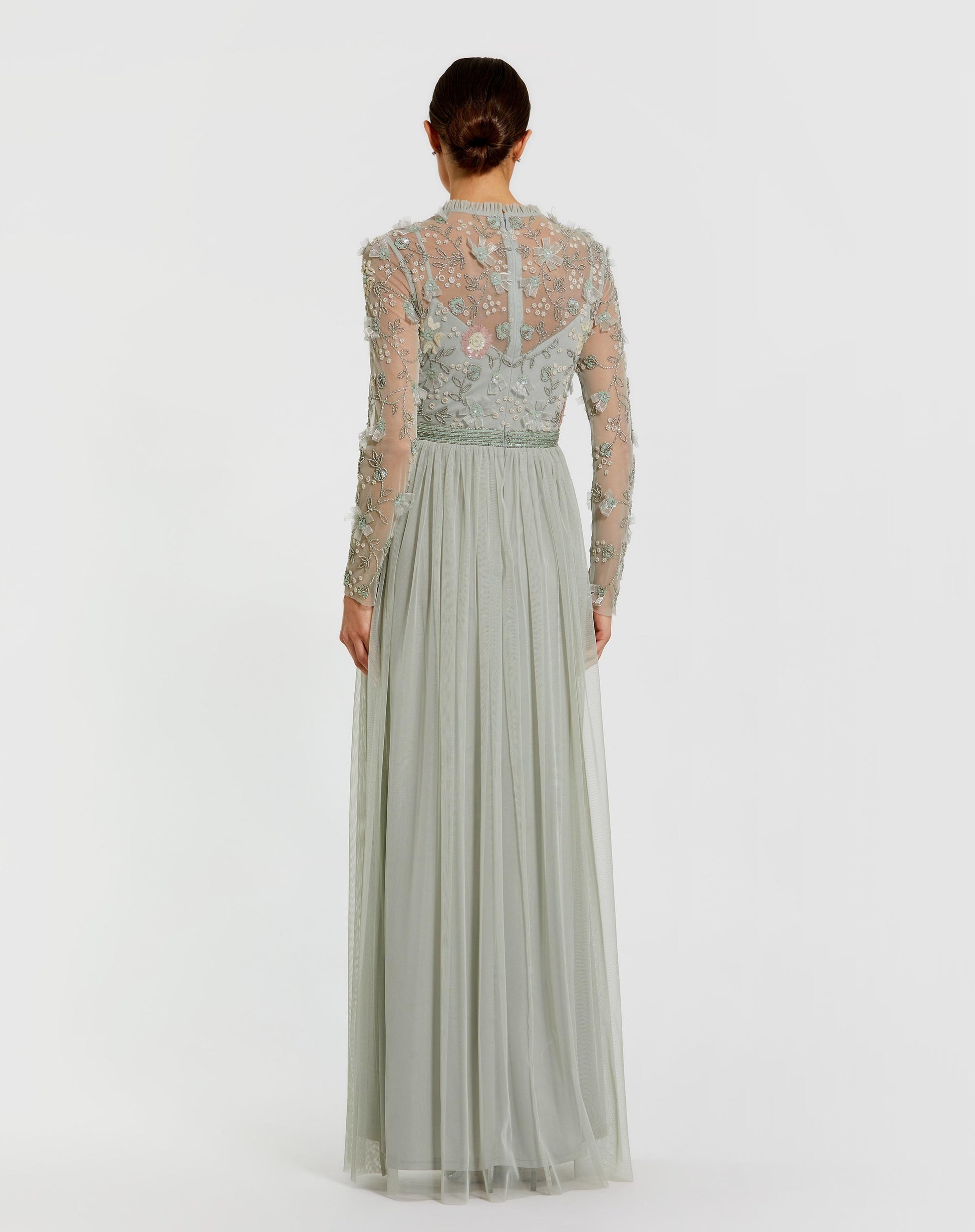 Green Embellished Illusion High Neck Long Sleeve Gown Mac Duggal