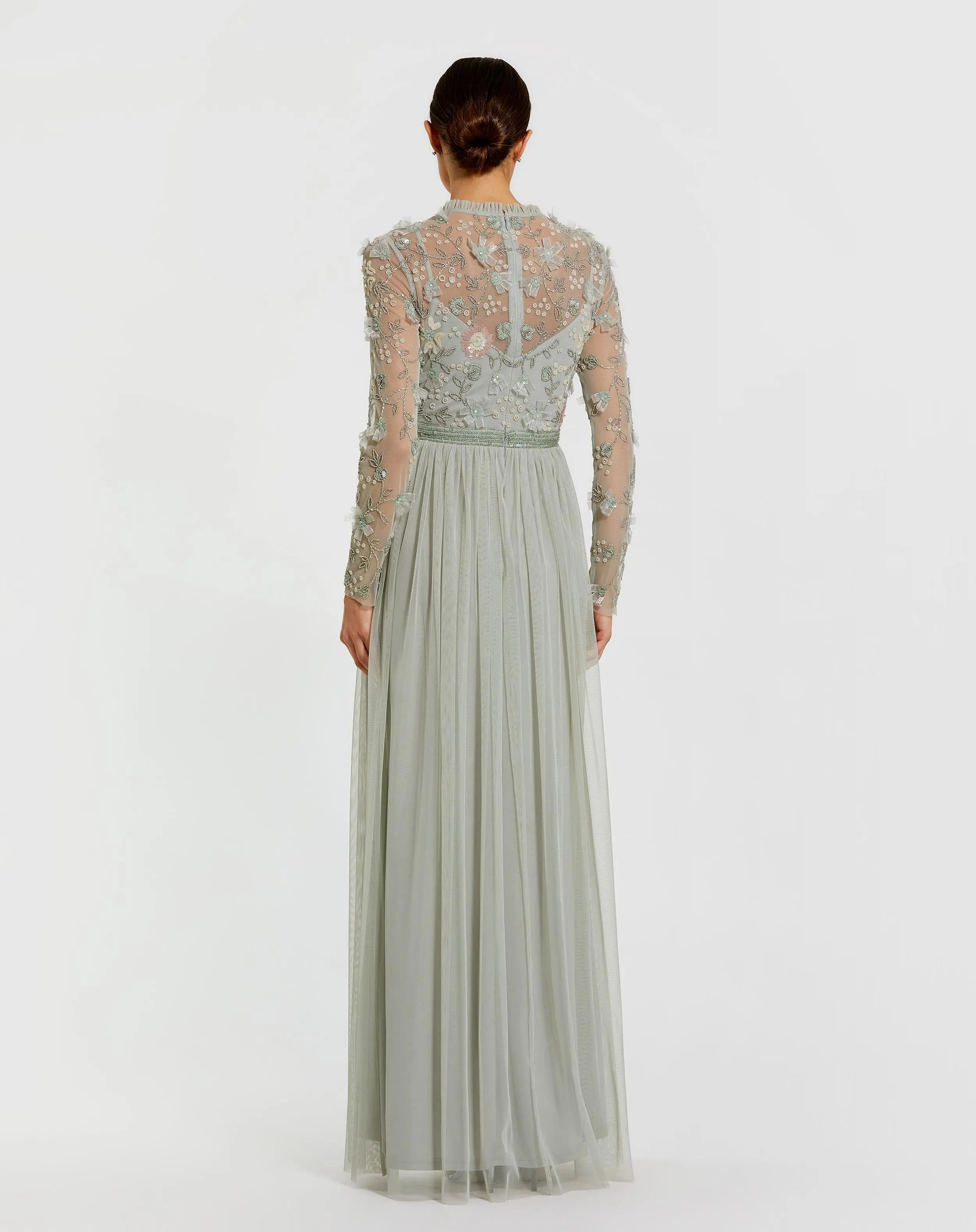 Green Embellished Illusion High Neck Long Sleeve Gown Mac Duggal