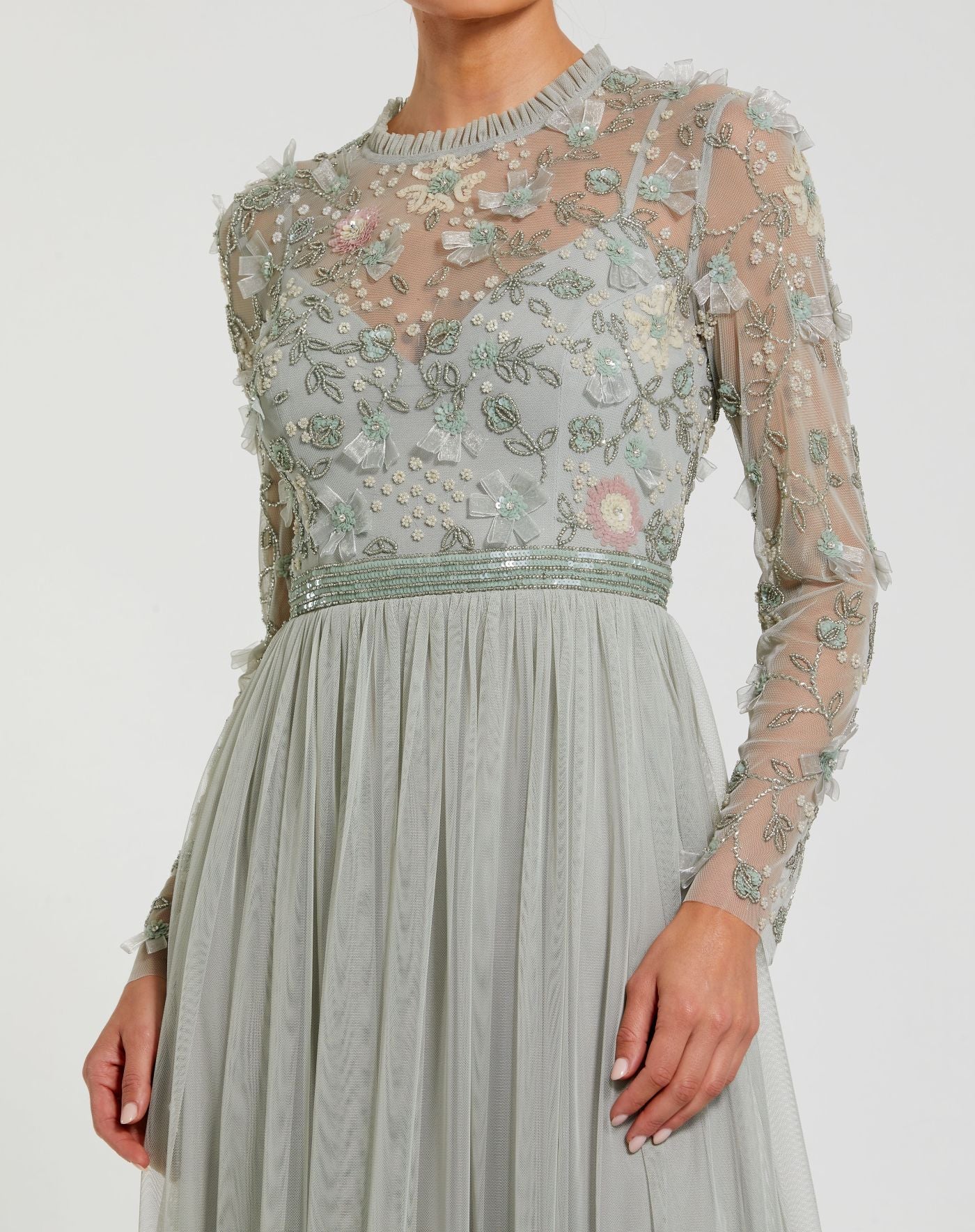 Green Embellished Illusion High Neck Long Sleeve Gown