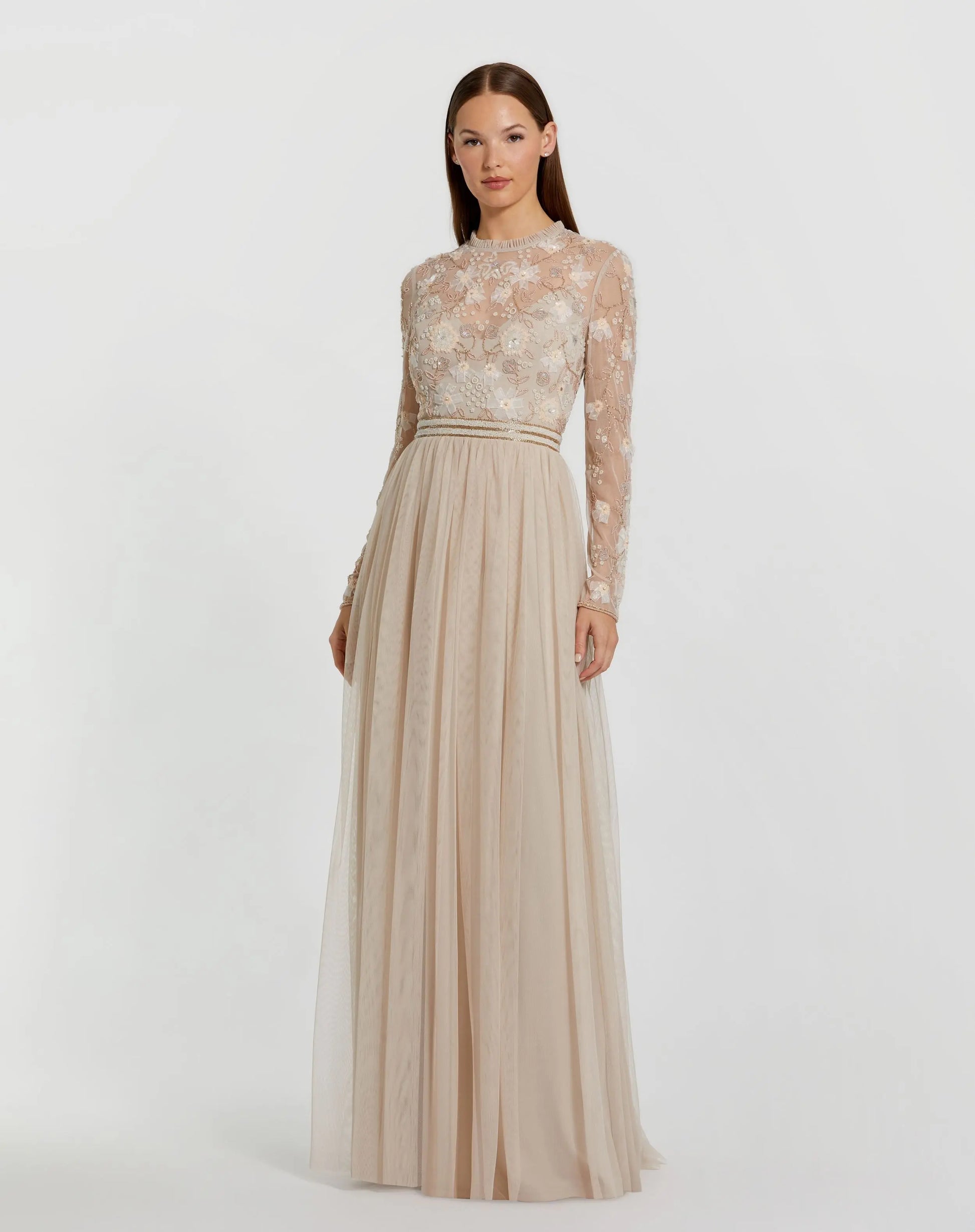 Beige Embellished Illusion High Neck Long Sleeve Gown | Mac Duggal Beige Embellished Illusion High Neck Long Sleeve Gown | Mac Duggal