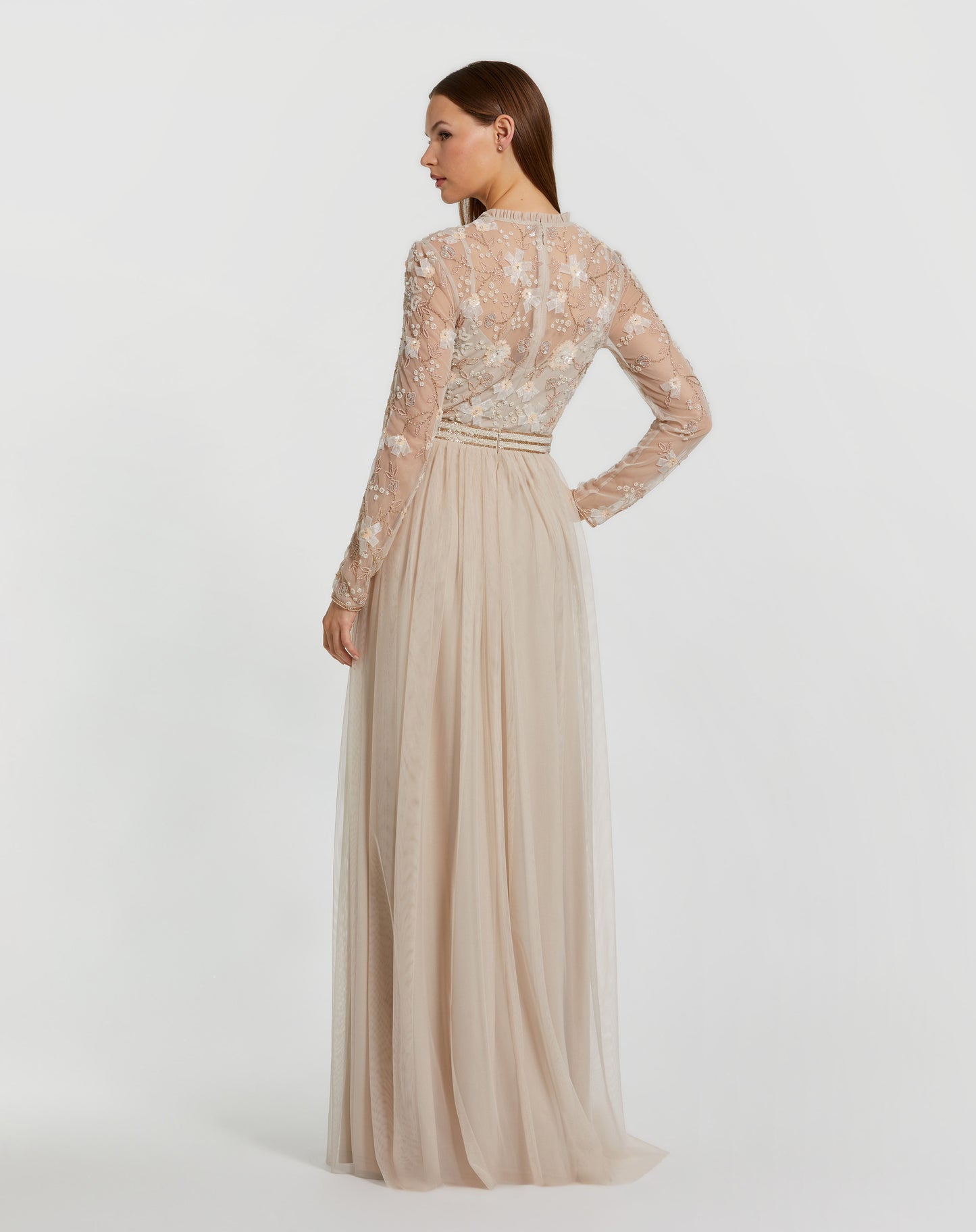 Embellished Illusion High Neck Long Sleeve Gown