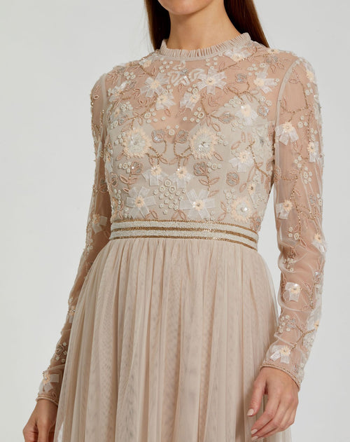 Embellished Illusion High Neck Long Sleeve Gown